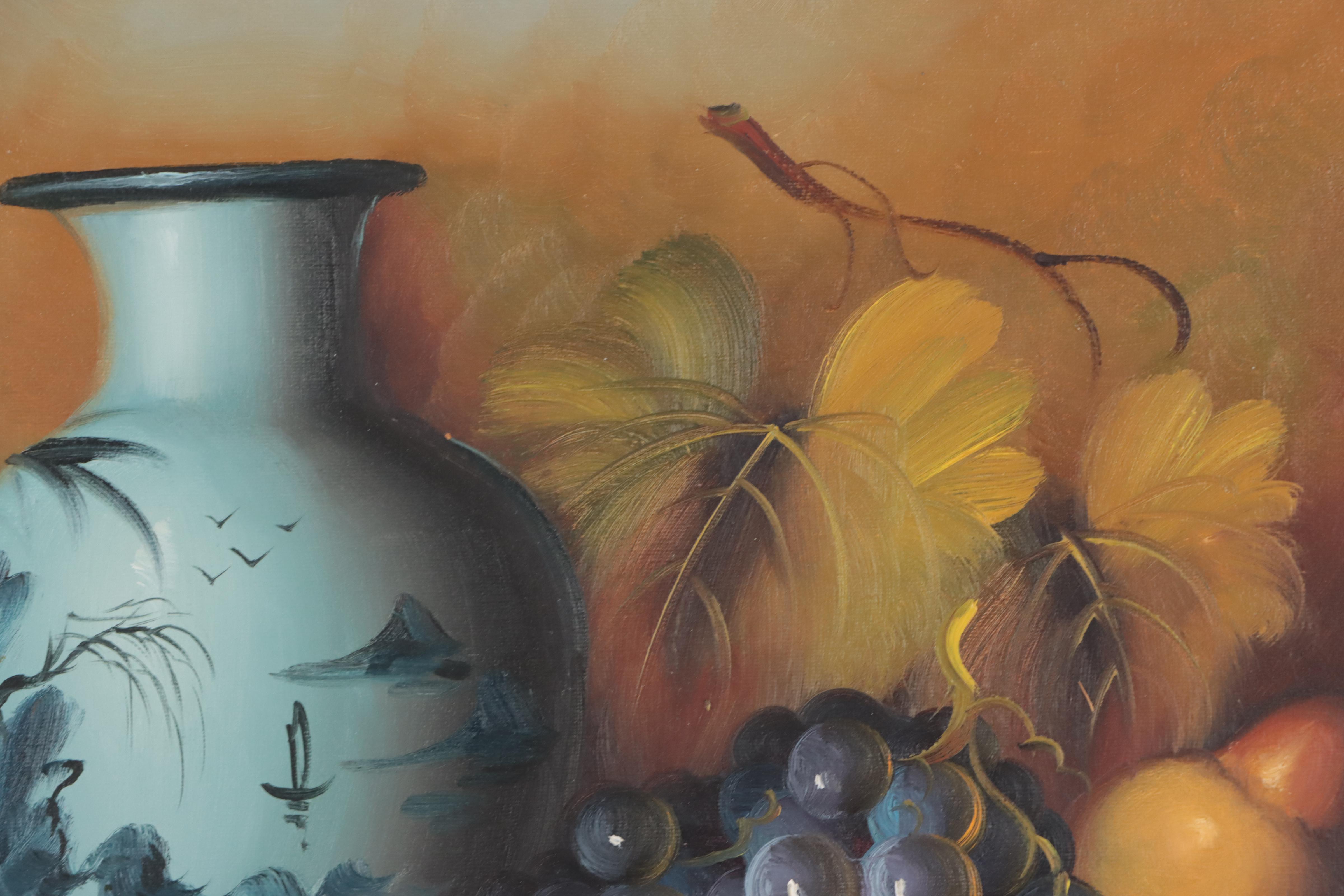 Still Life Oil Painting of Fruit and Porcelain Vase