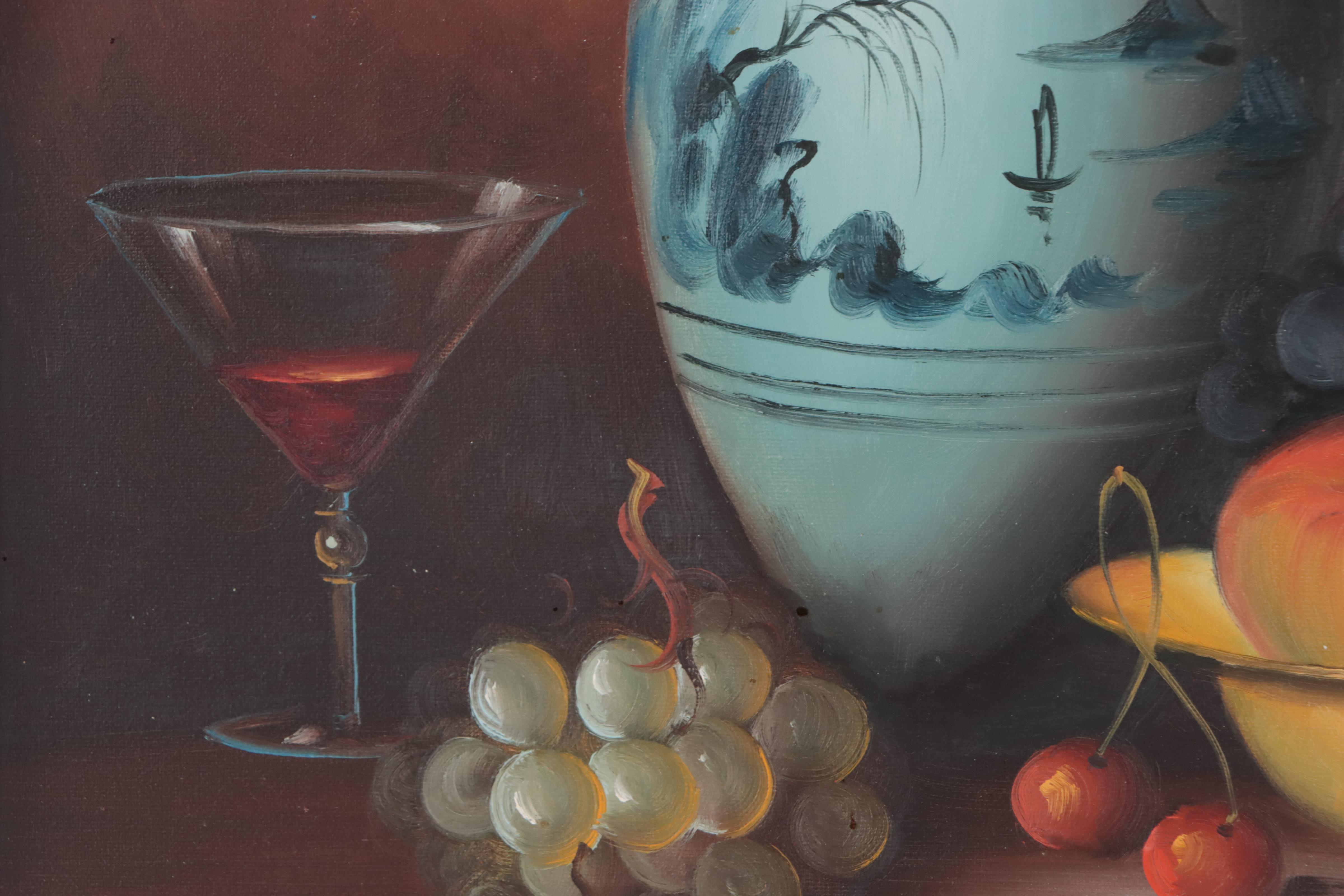 Still Life Oil Painting of Fruit and Porcelain Vase
