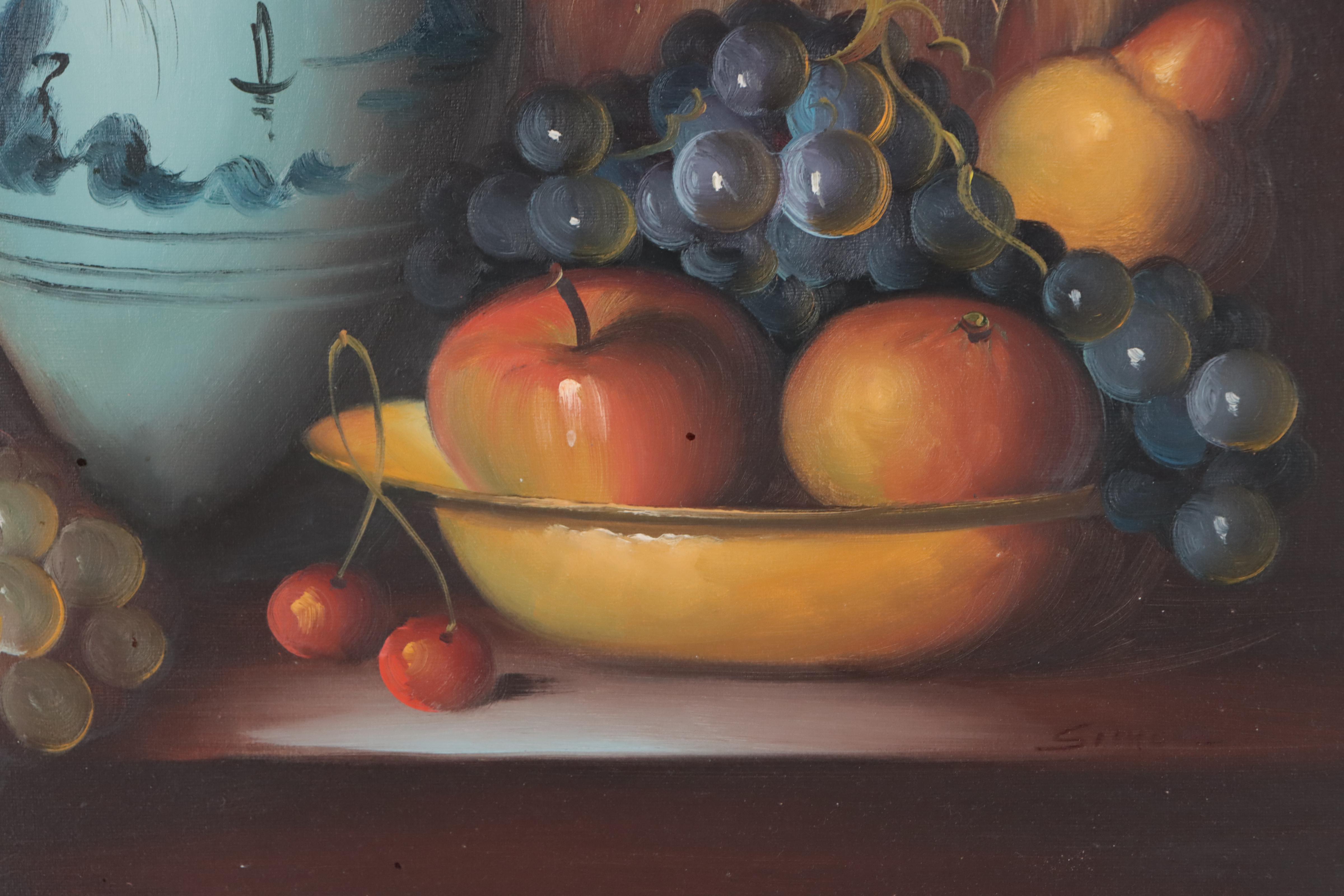 Still Life Oil Painting of Fruit and Porcelain Vase