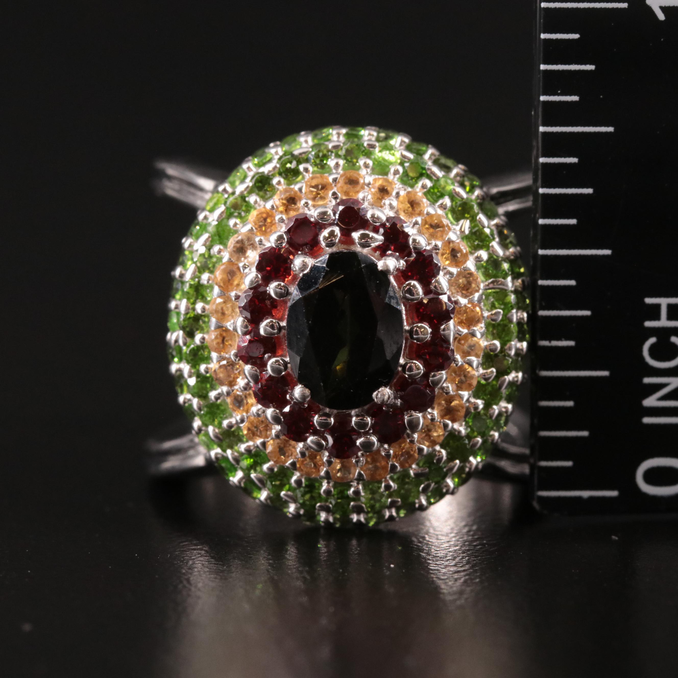 Sterling Smoky Quartz, Garnet and Citrine Open Shank Ring