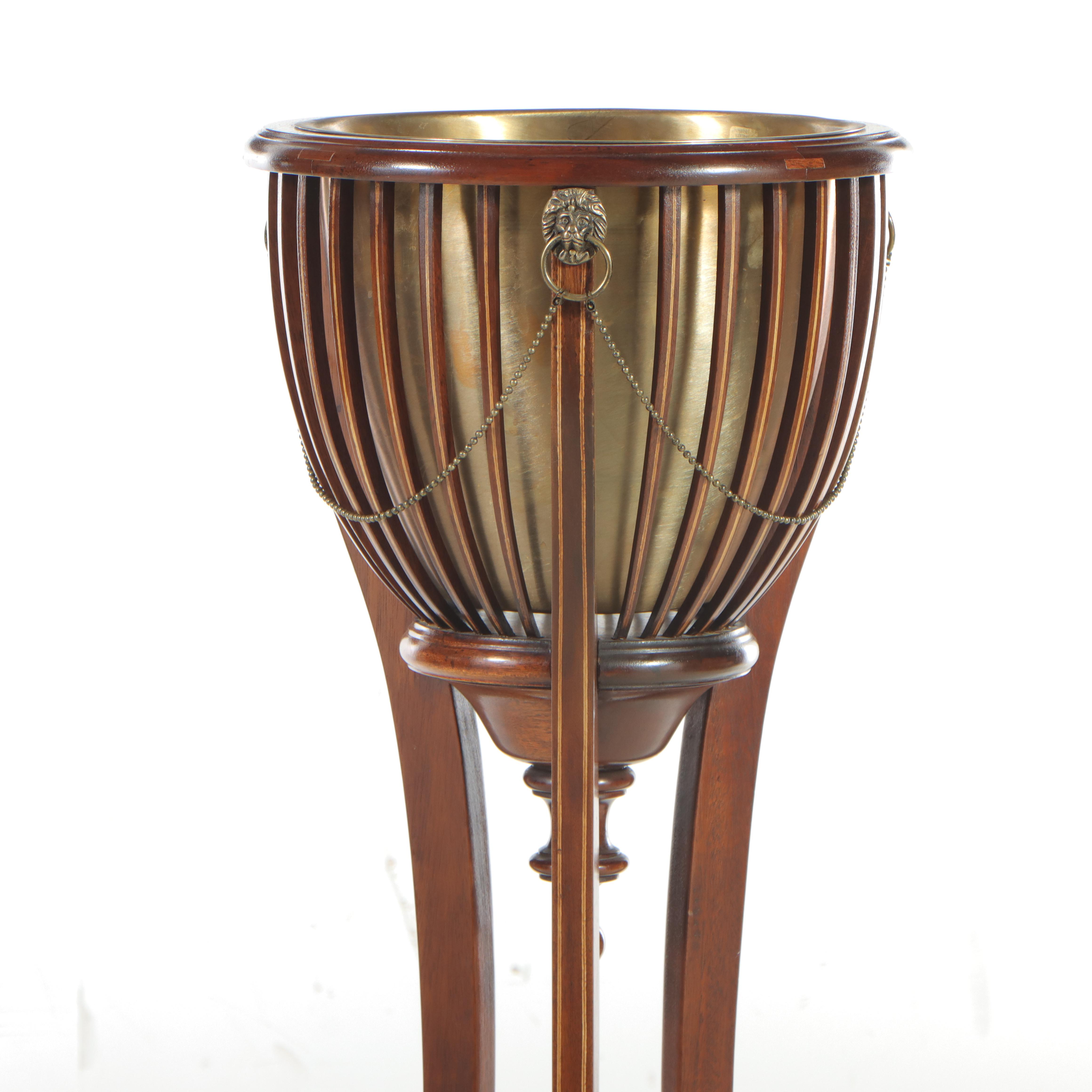 Regency Style Mahogany, Marquetry, and Brass Jardinière