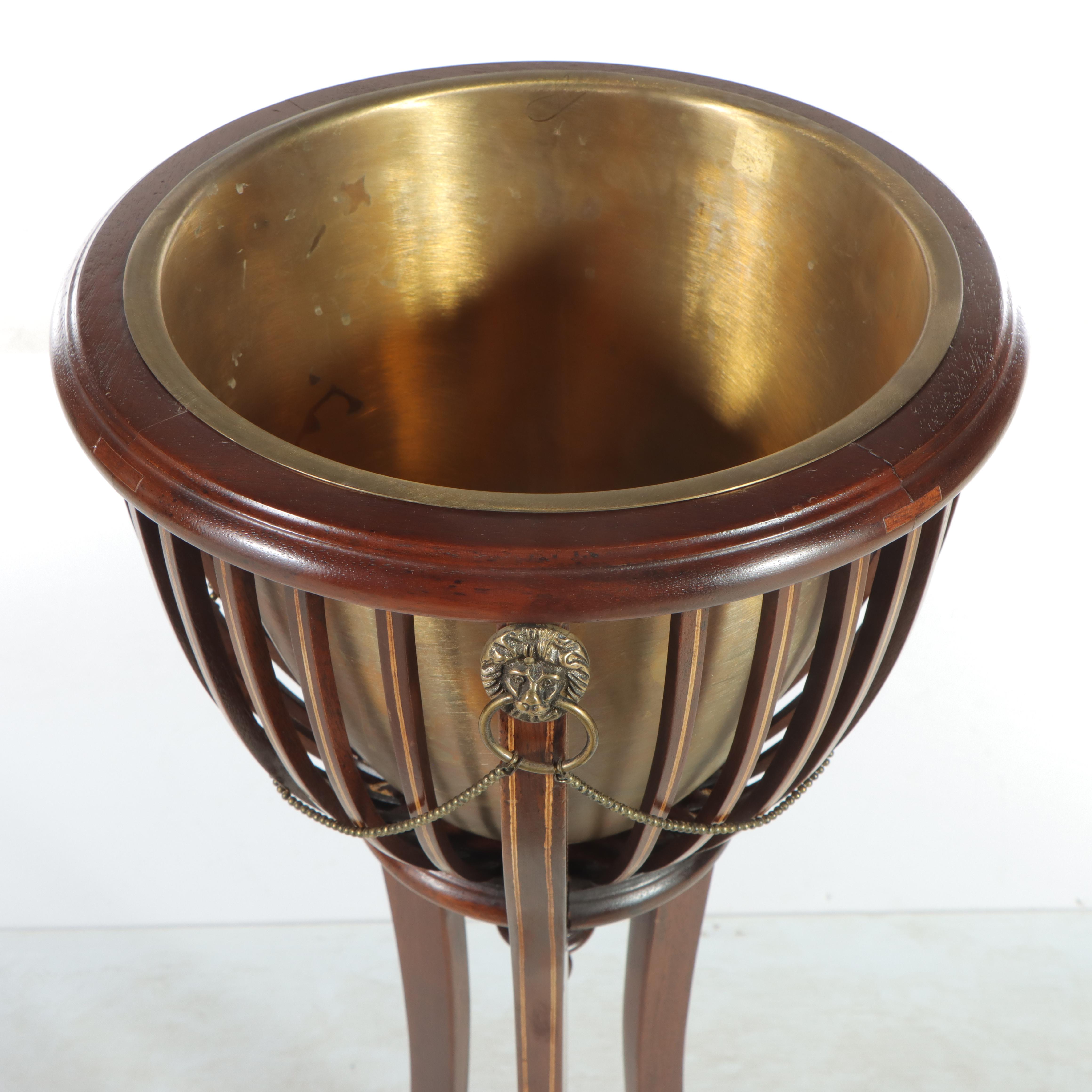 Regency Style Mahogany, Marquetry, and Brass Jardinière