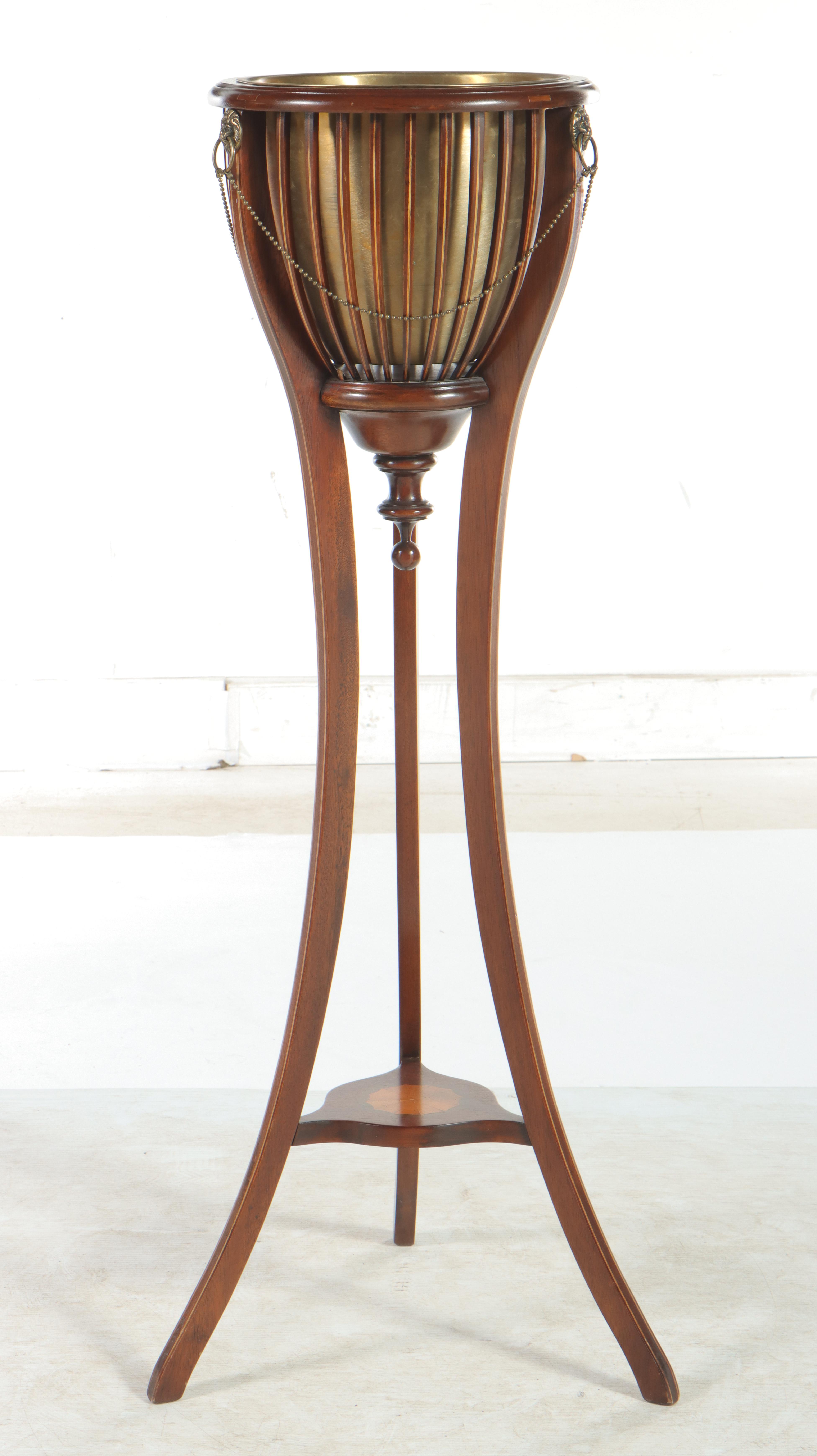 Regency Style Mahogany, Marquetry, and Brass Jardinière