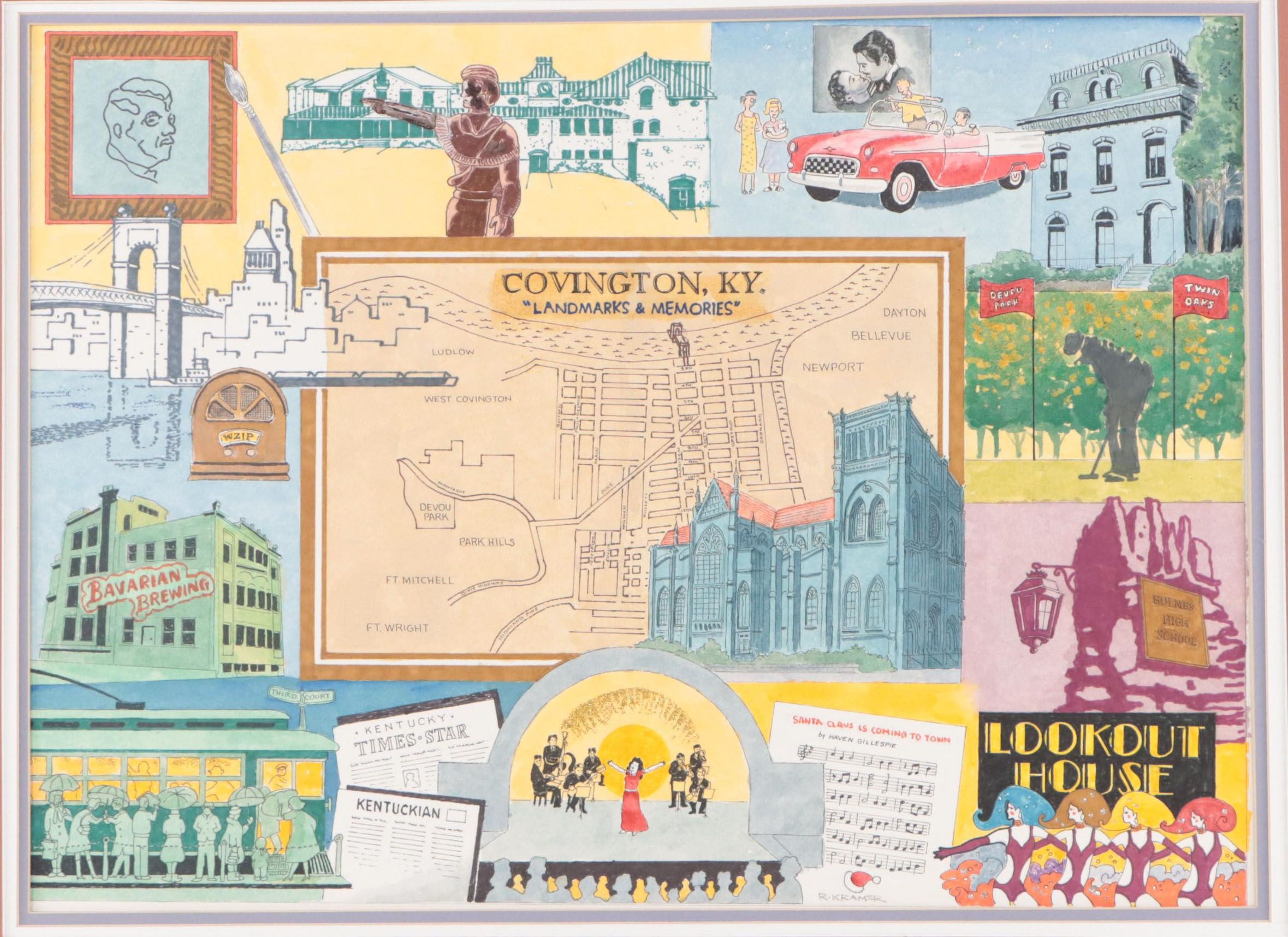 R. Kramer Mixed Media Painting "Covington, K.Y. / Landmarks & Memories"