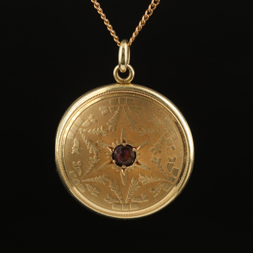 Antique Strobell & Crane 14K Garnet Locket on 10K Chain Necklace