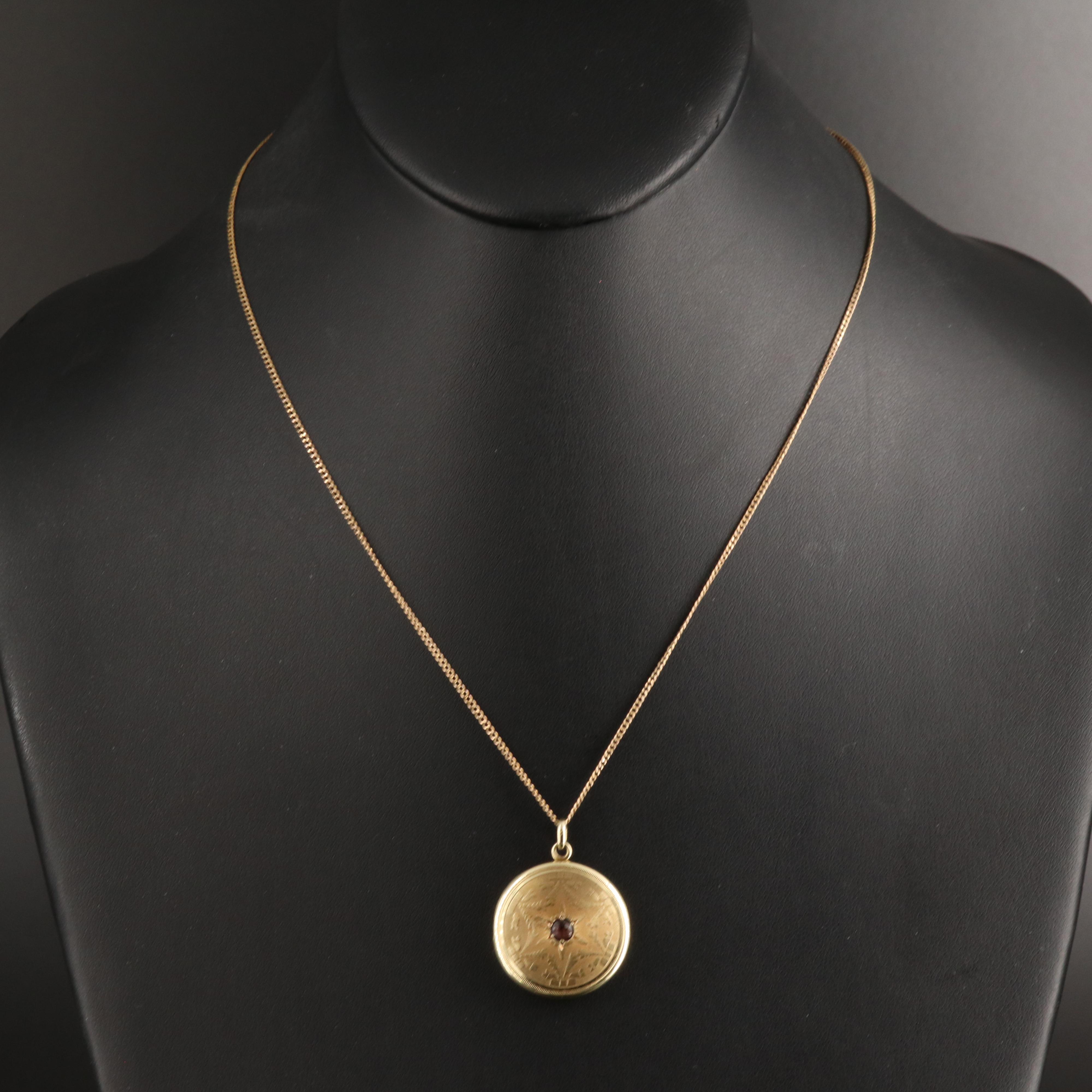 Antique Strobell & Crane 14K Garnet Locket on 10K Chain Necklace
