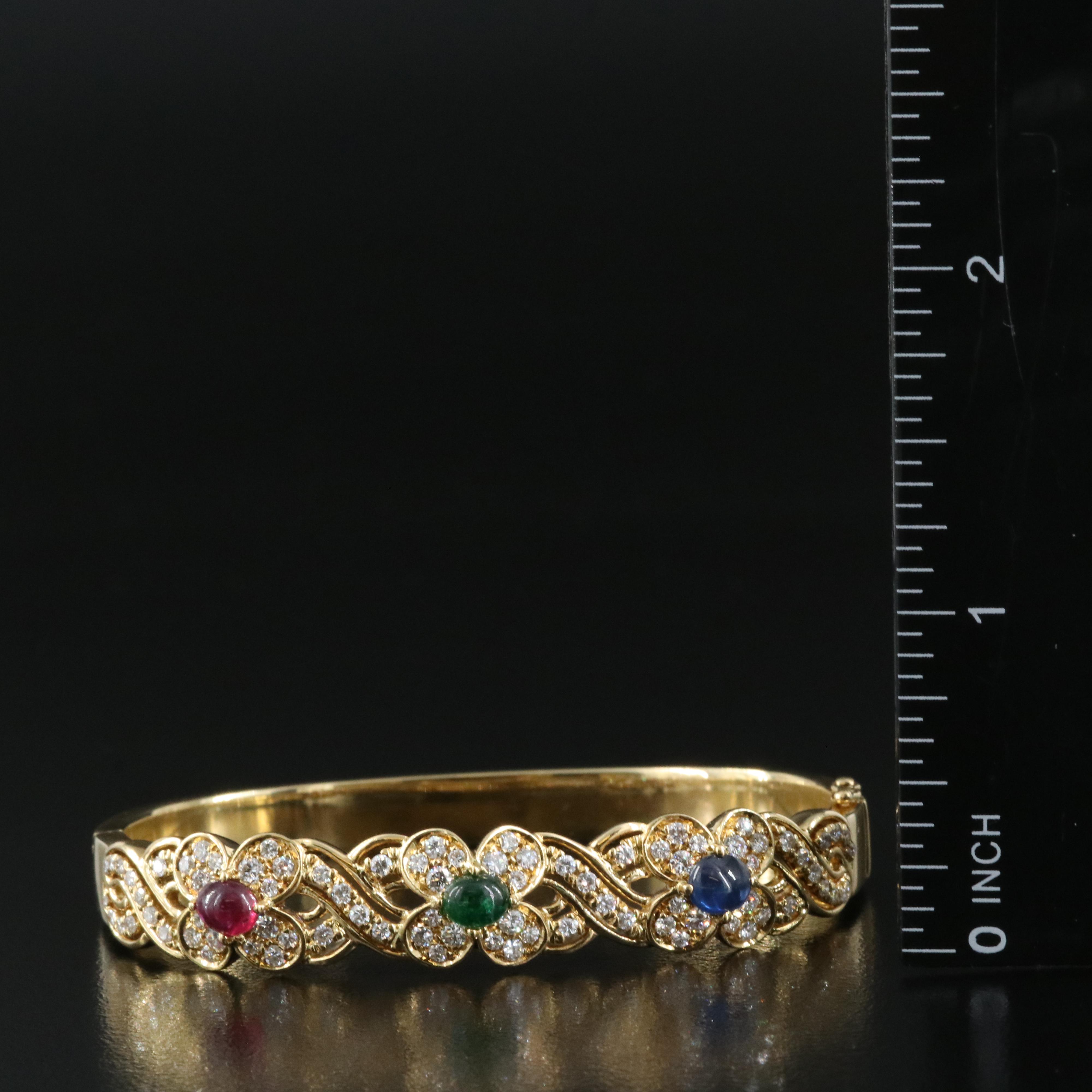 18K Ruby, Emerald, Sapphire and 1.60 CTW Diamond Floral Hinged Bangle