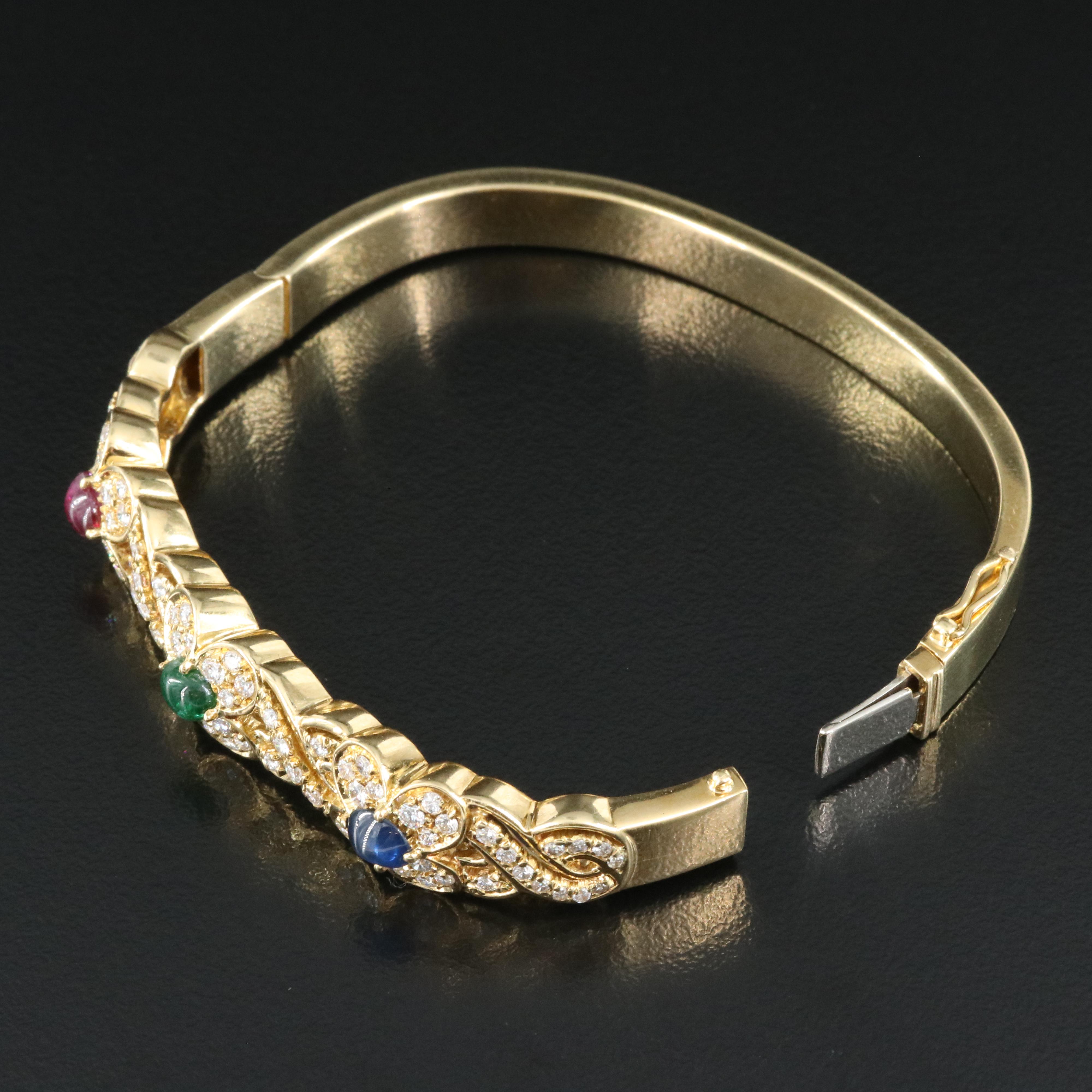 18K Ruby, Emerald, Sapphire and 1.60 CTW Diamond Floral Hinged Bangle