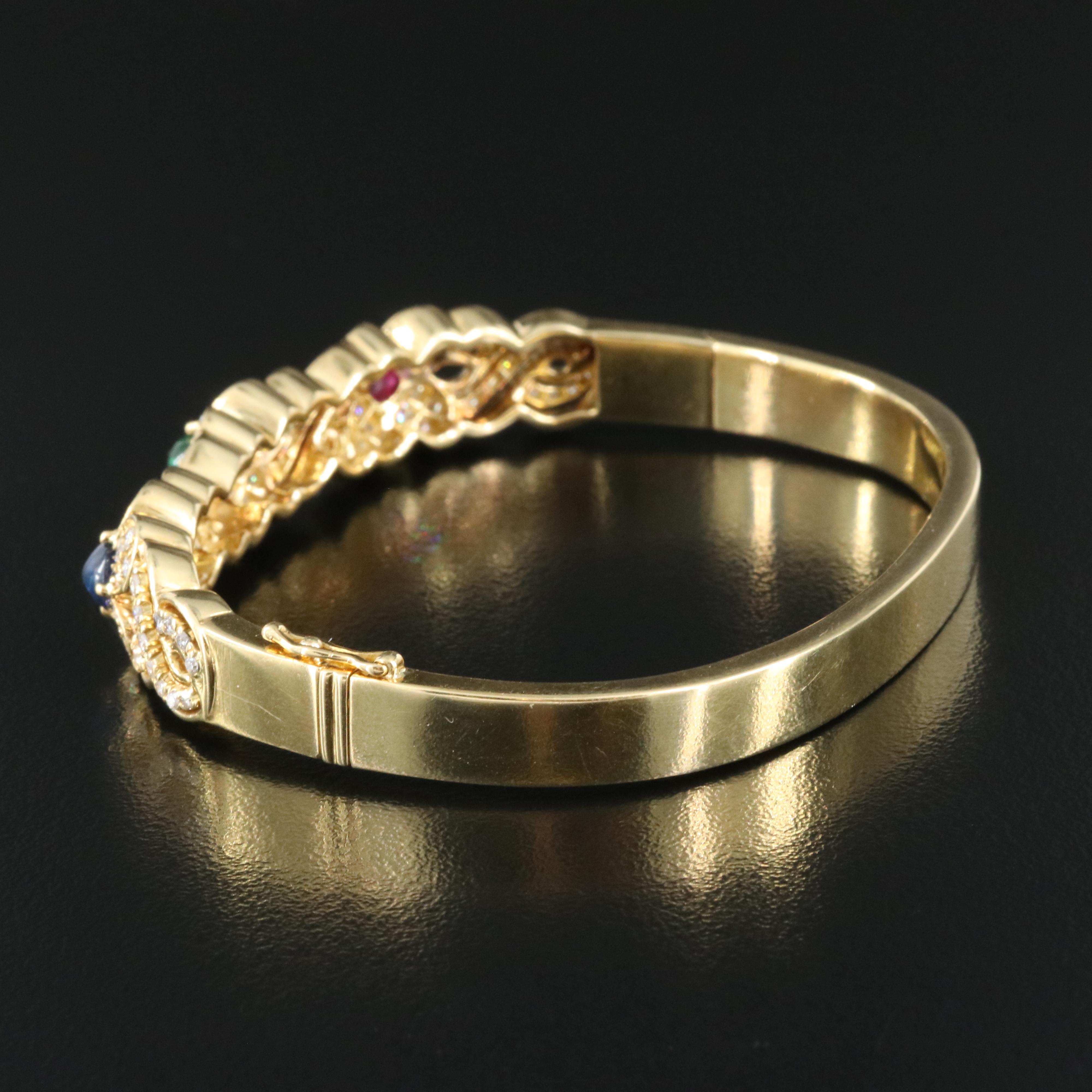 18K Ruby, Emerald, Sapphire and 1.60 CTW Diamond Floral Hinged Bangle