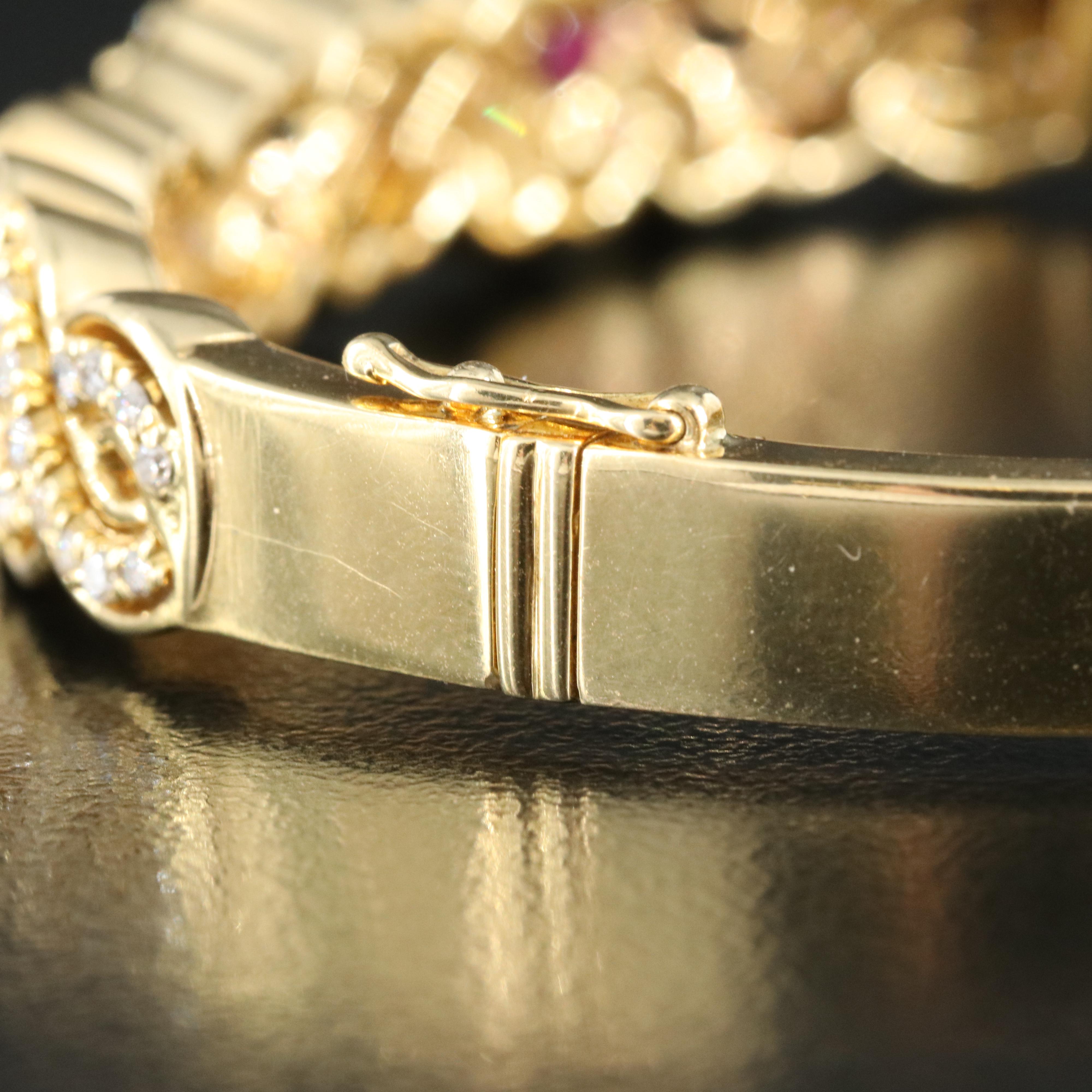 18K Ruby, Emerald, Sapphire and 1.60 CTW Diamond Floral Hinged Bangle