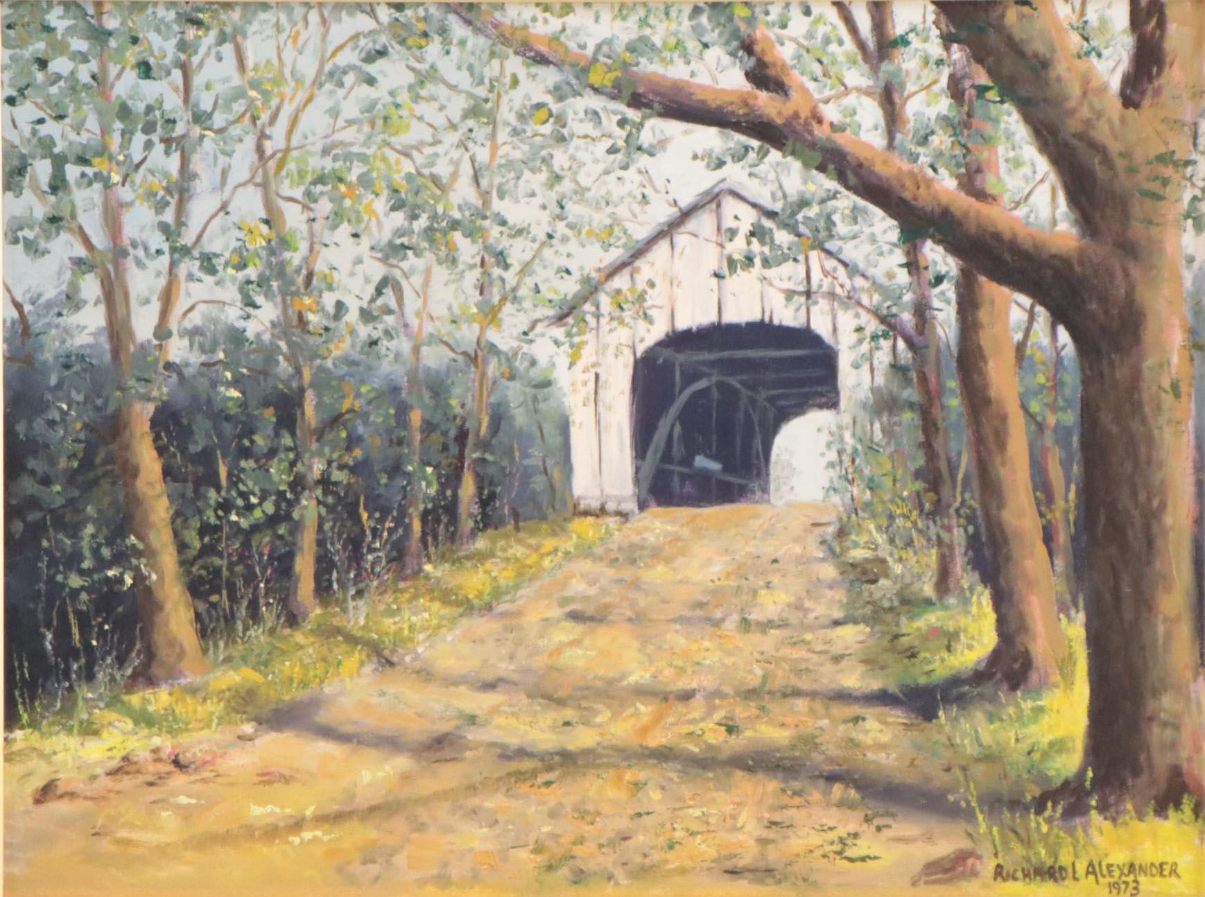 Richard Alexander Oil Painting of a Covered Bridge, 1973
