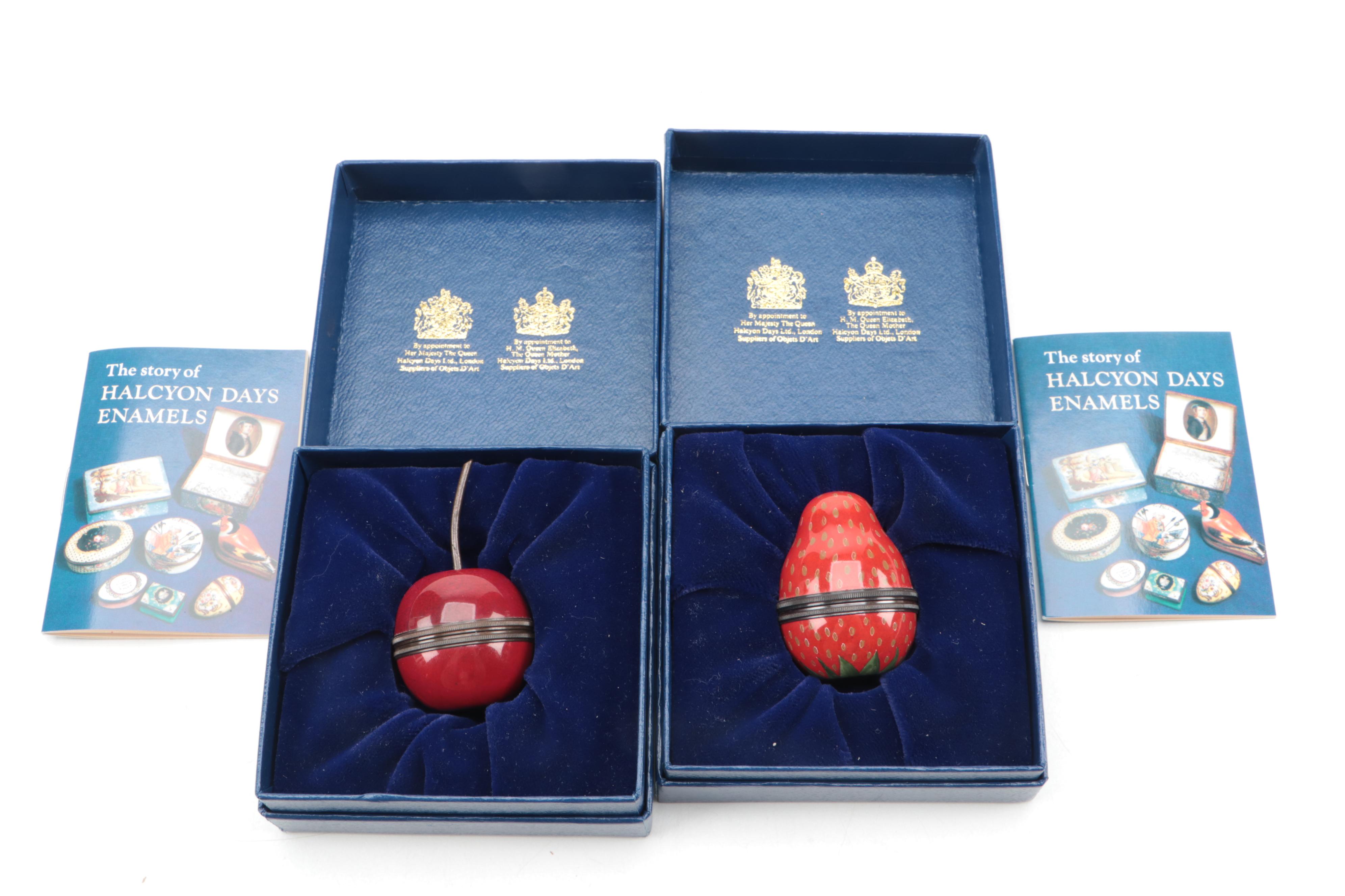 Halcyon Days Strawberry and Cherry Enameled Copper Trinket Boxes