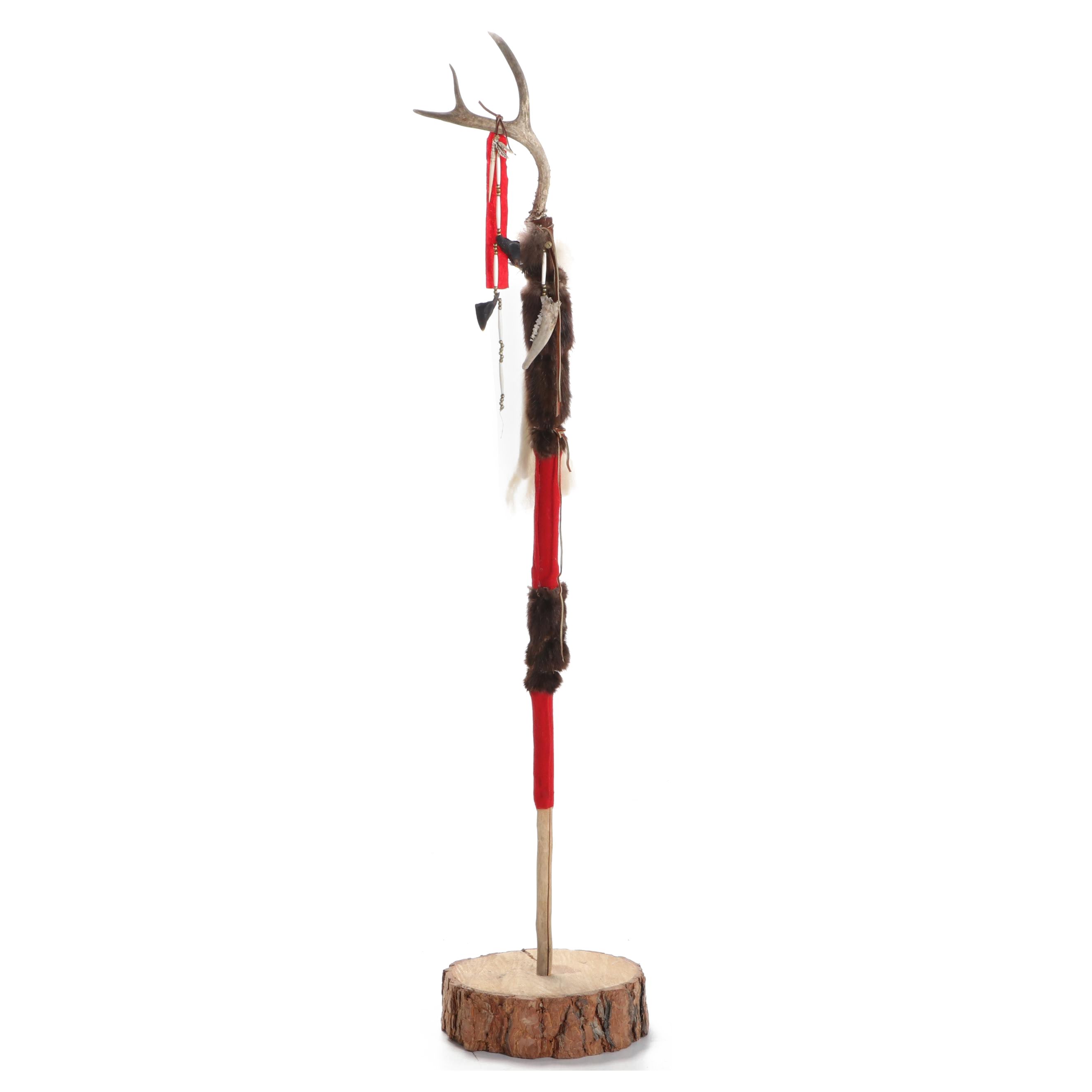 Native American Style Handmade Antler, Jawbone, Hoof and Mink War Staff on Stand