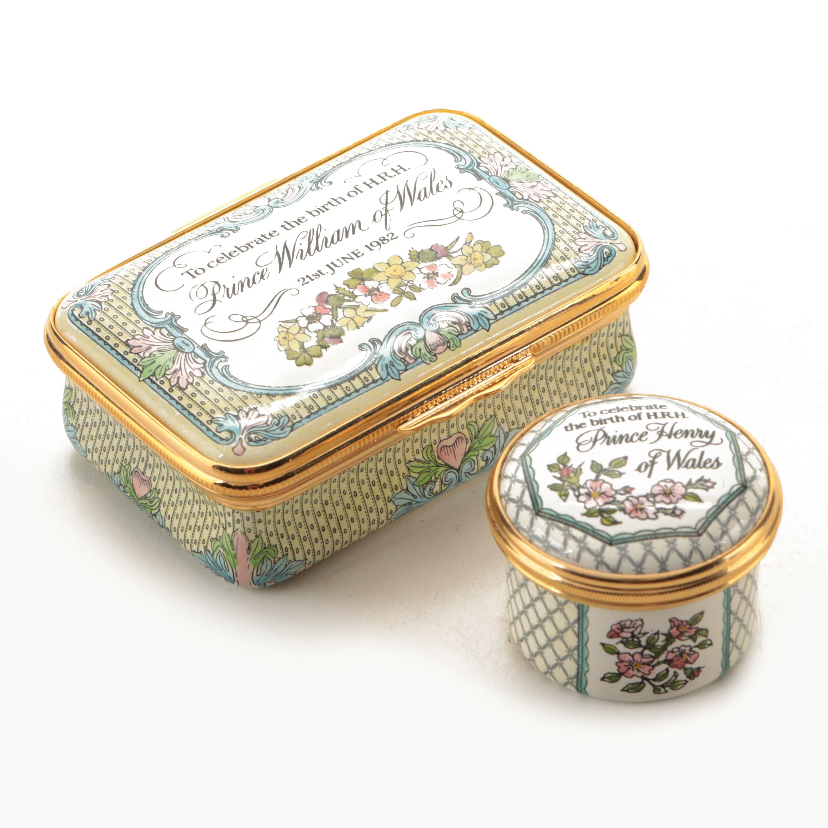 Halcyon Days Prince William and Prince Henry Birth Commemorative Boxes, 1980s
