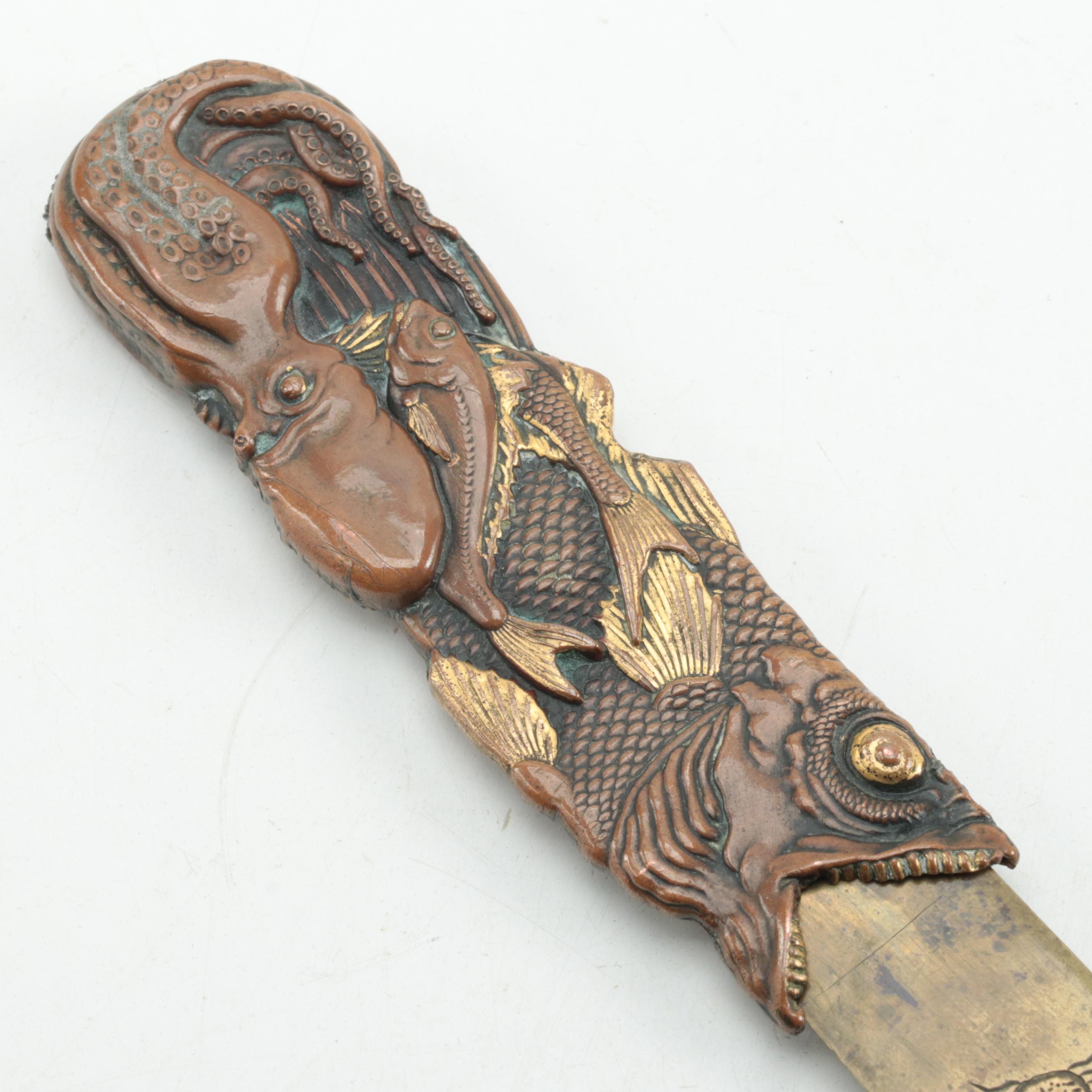 Japanese Sea Life Motif Mixed Metal Letter Opener, Early 20th Century