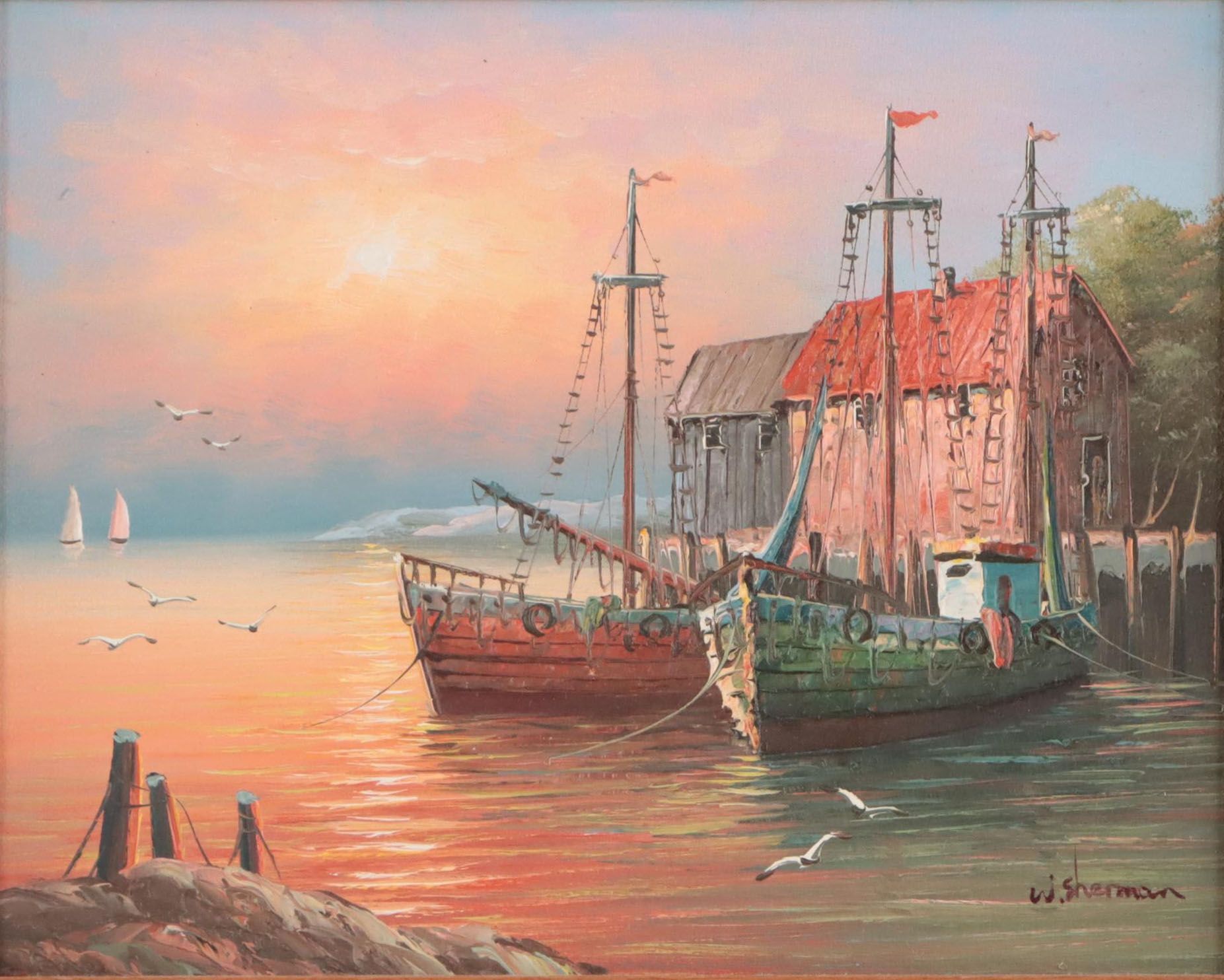 W. Sherman Sunset Harbor Scene Oil Painting