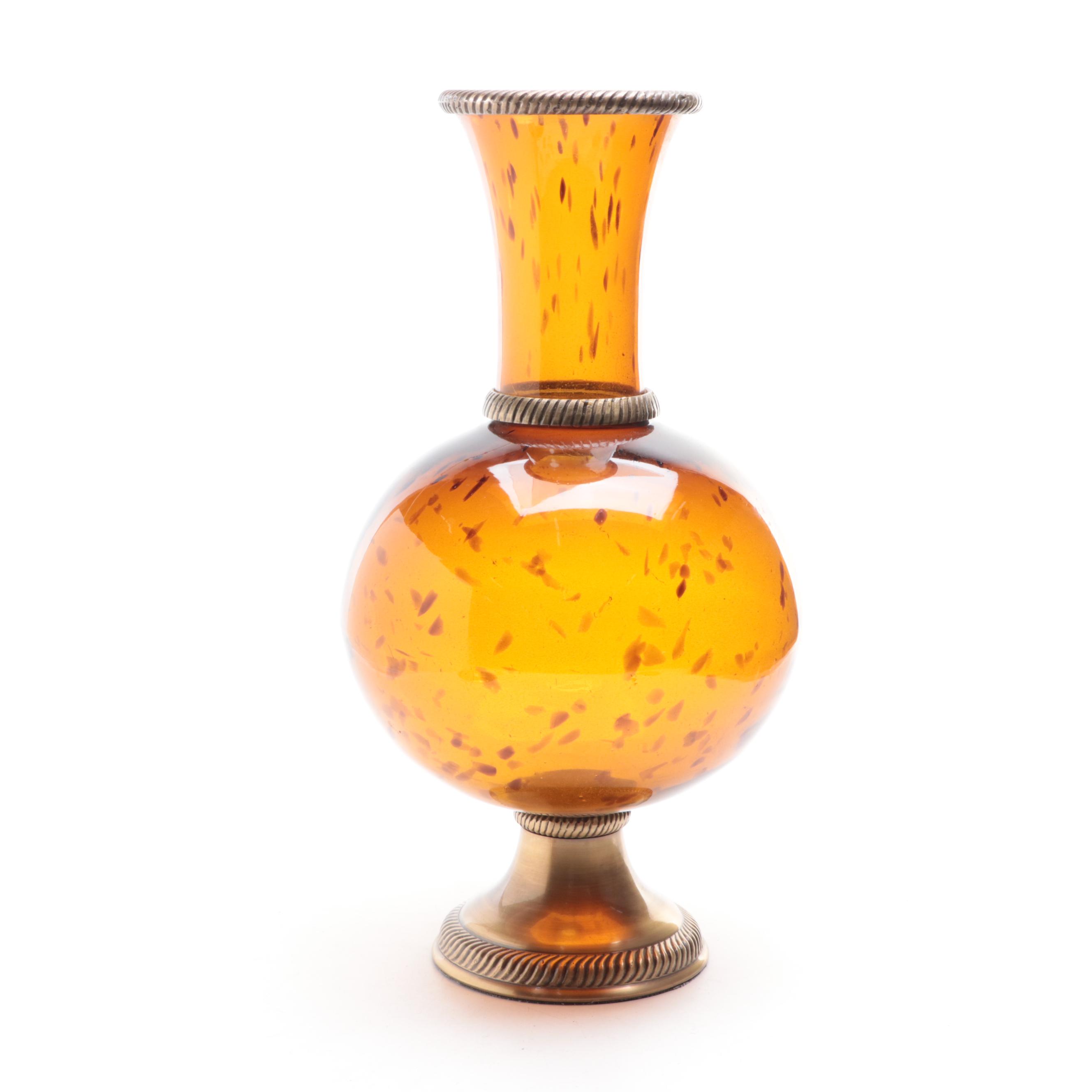Maitland-Smith Brass Candle Holder with Brass Mounted Tortoiseshell Glass Vase