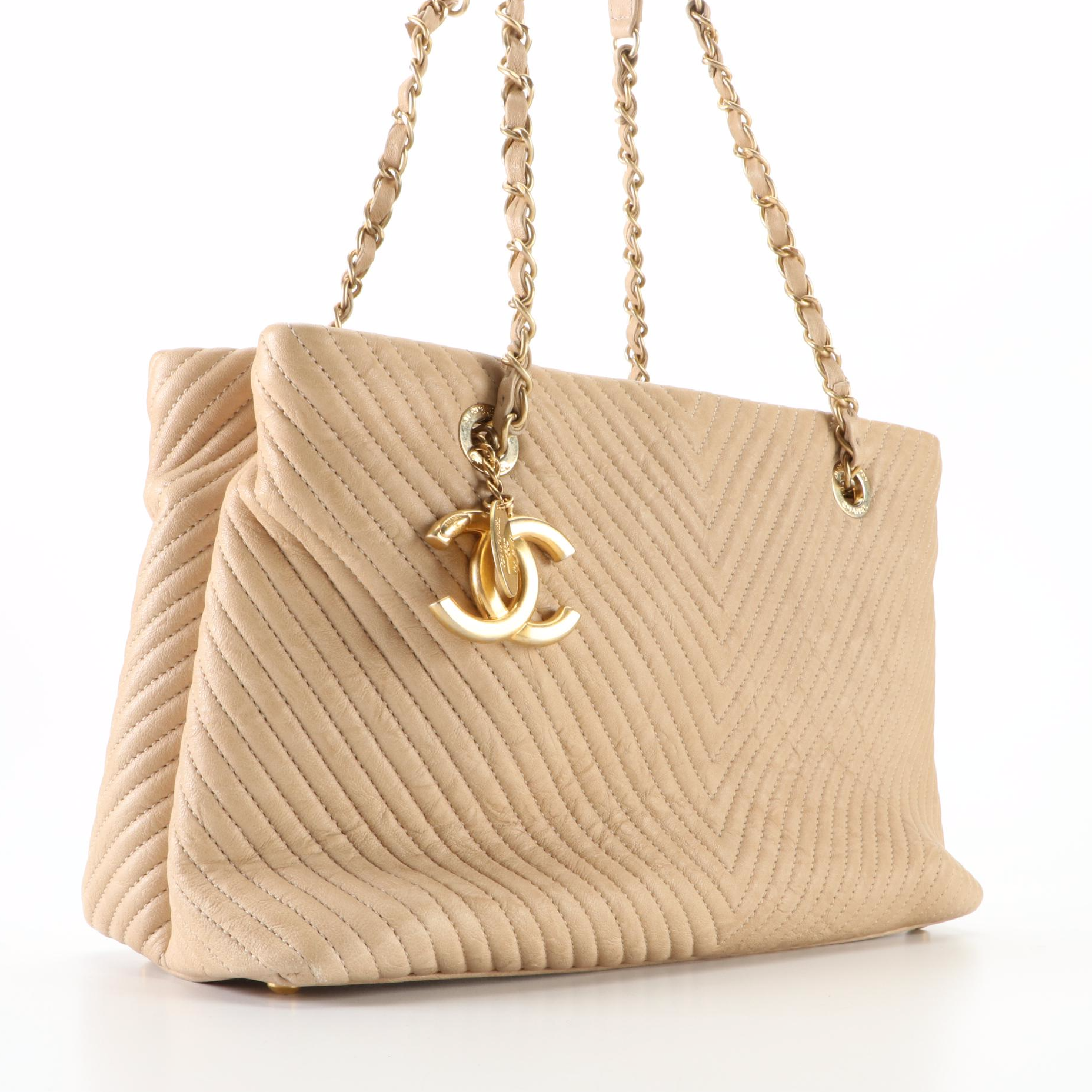 Chanel Medium Chevron Matelassé Wrinkled Lambskin CC Medallion Charm Tote