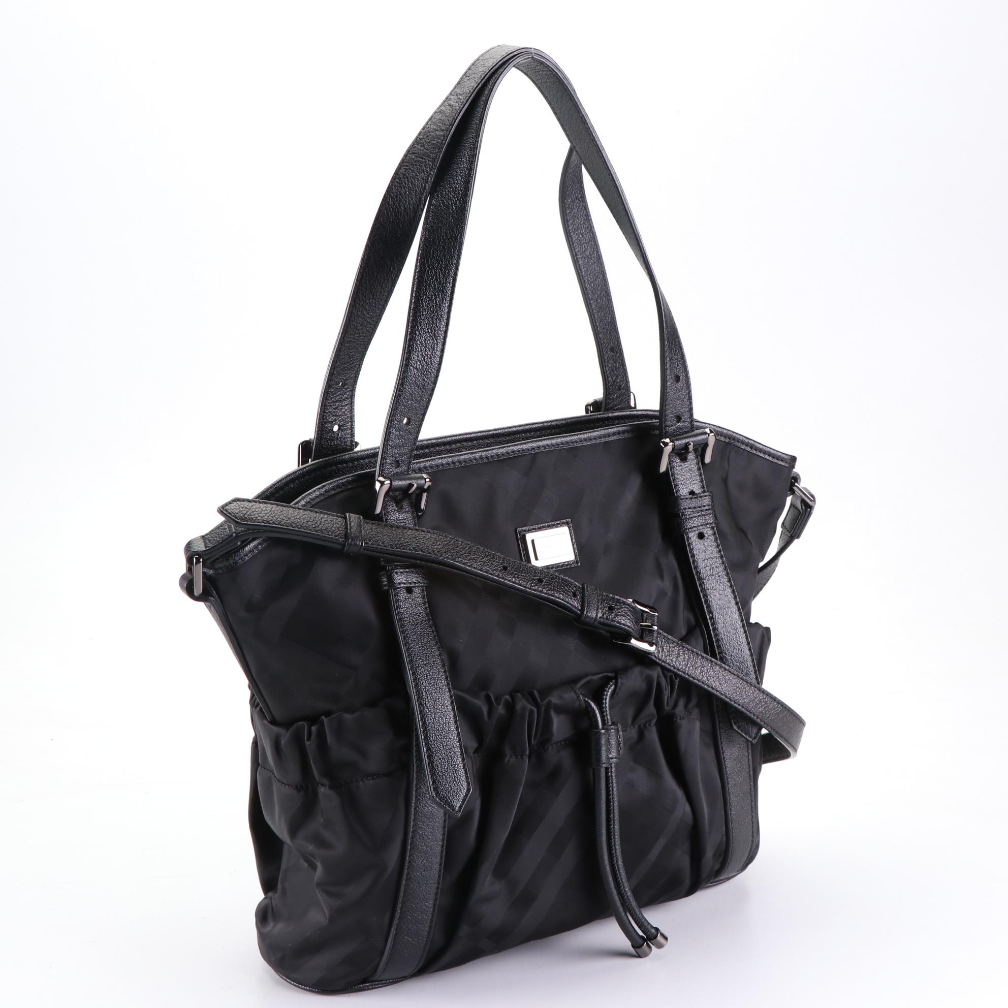 Burberry Drawstring Diaper Bag in Check Nylon Jacquard and Grain Leather