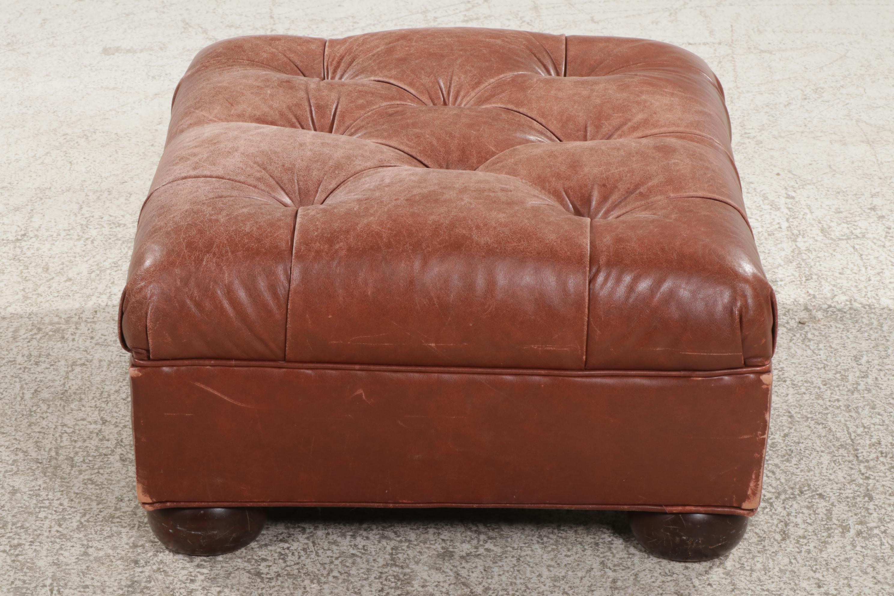 Ethan Allen Button-Tufted Bonded Leather Ottoman