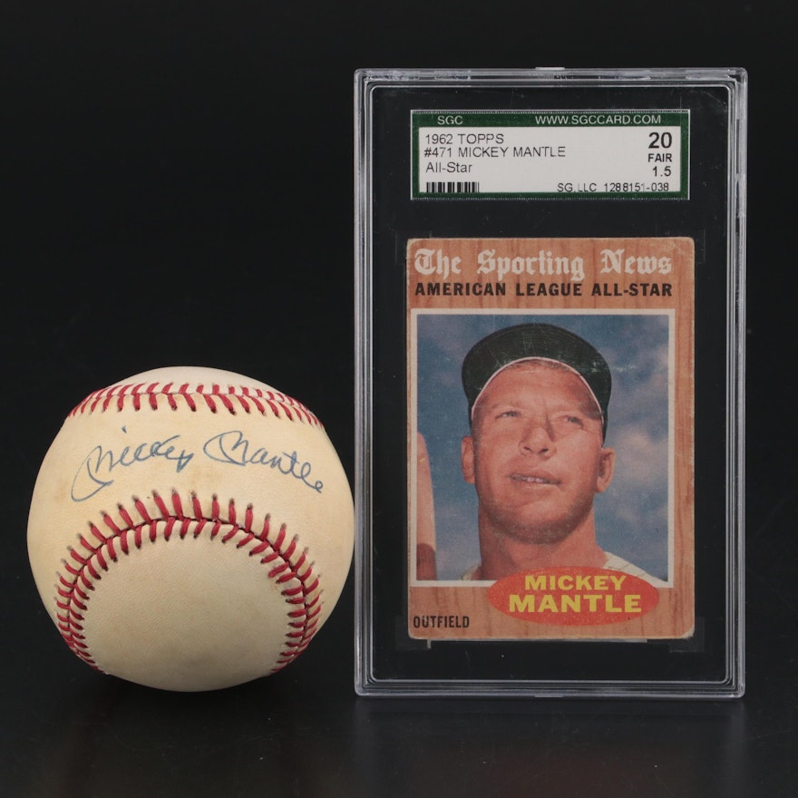 Mickey Mantle Signed Rawlings A.L. Baseball with SGC Graded 1962 Topps Card