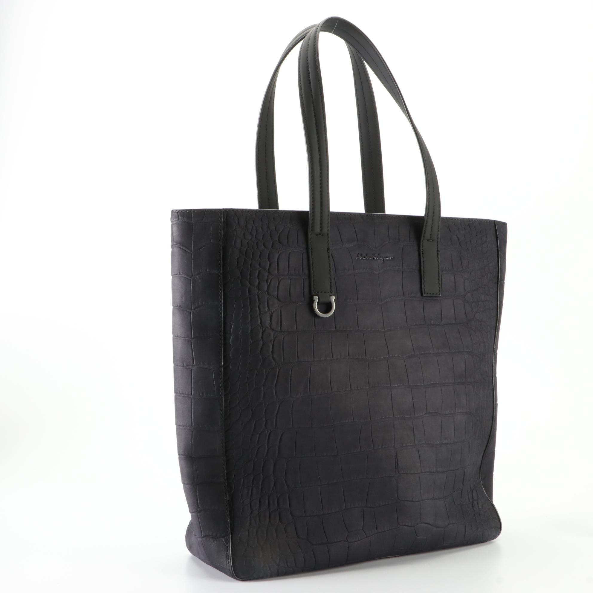 Salvatore Ferragamo Tall Tote in Crocodile Embossed Nubuck Leather