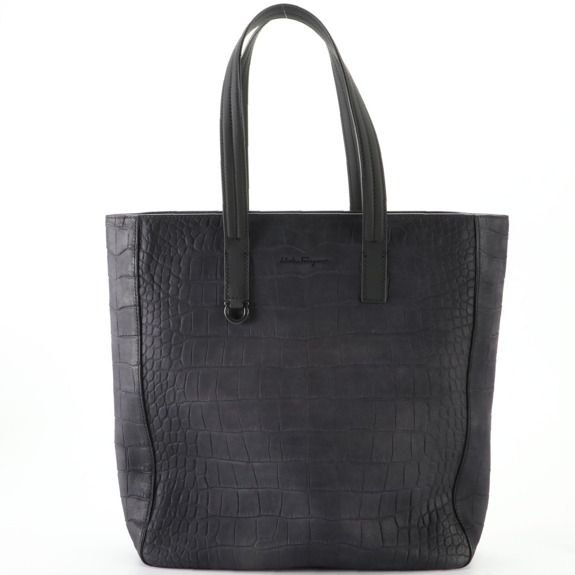 Salvatore Ferragamo Tall Tote in Crocodile Embossed Nubuck Leather