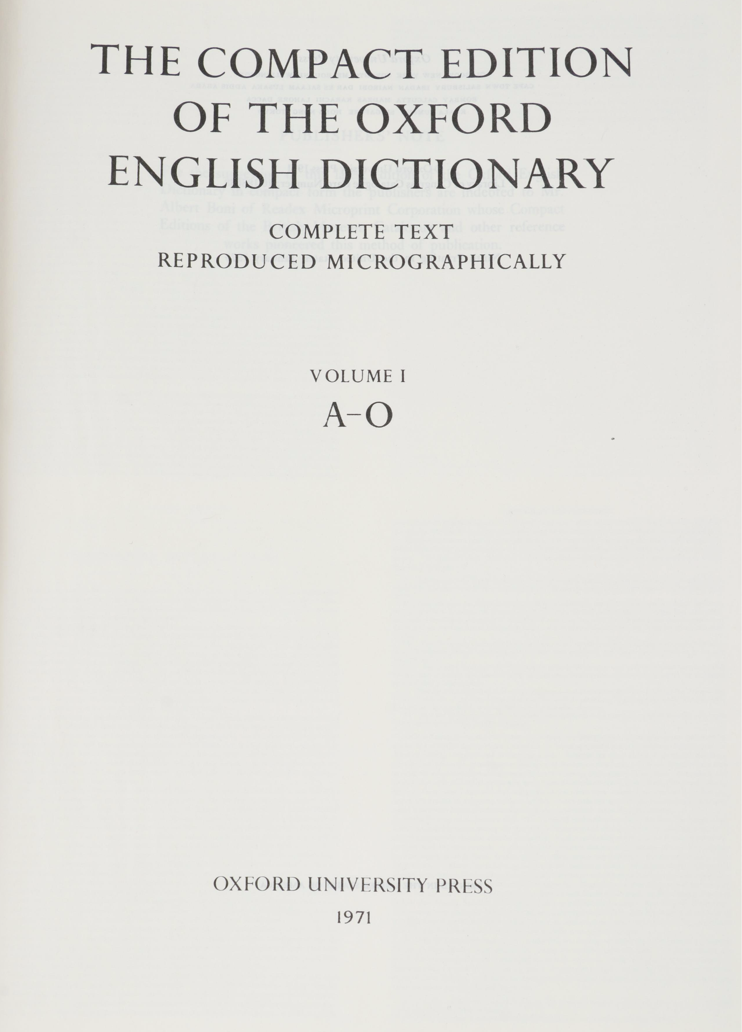 "Oxford English Dictionary" Two-Volume Box Set with Magnifying Glass, 1971
