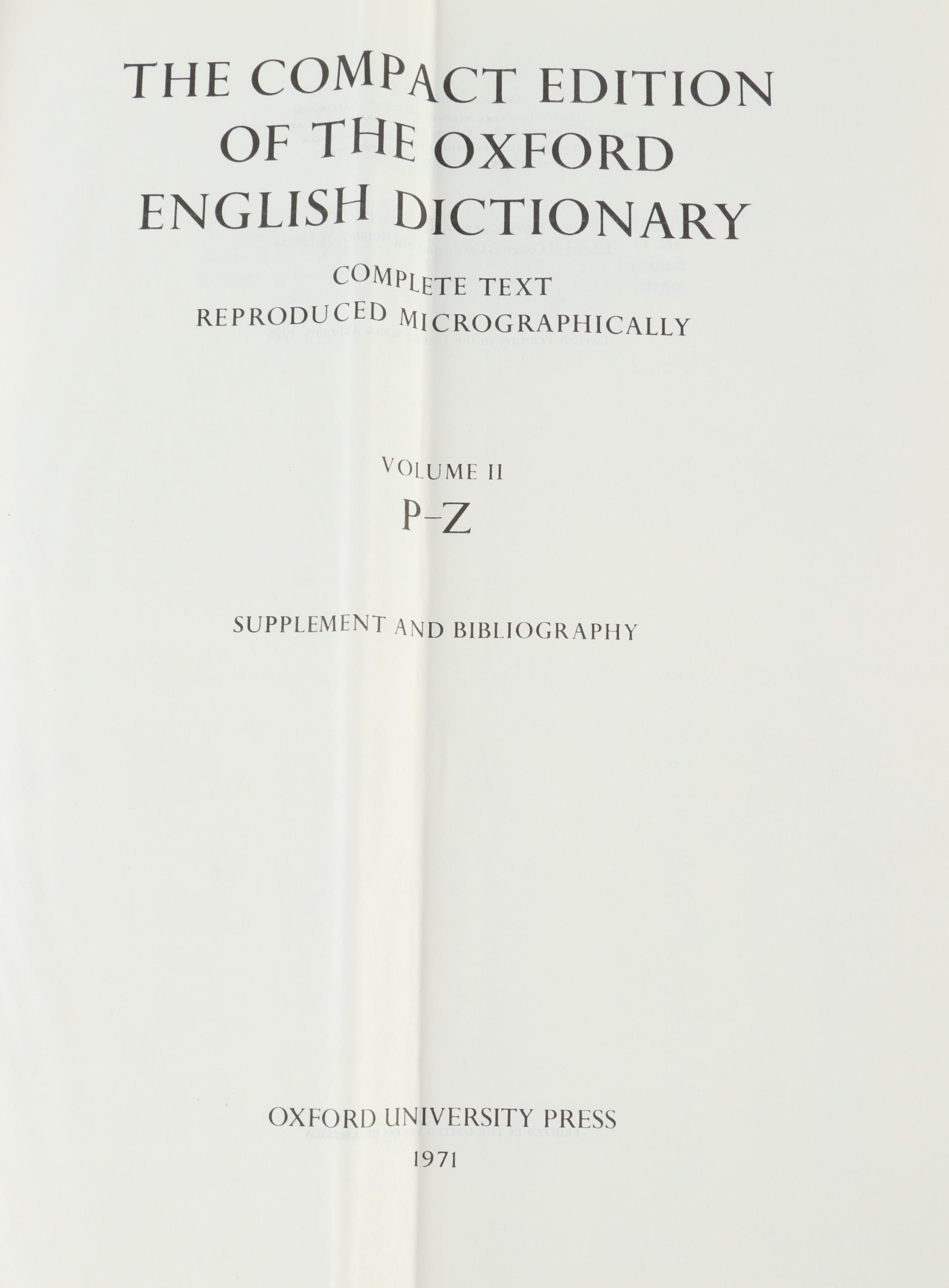 "Oxford English Dictionary" Two-Volume Box Set with Magnifying Glass, 1971