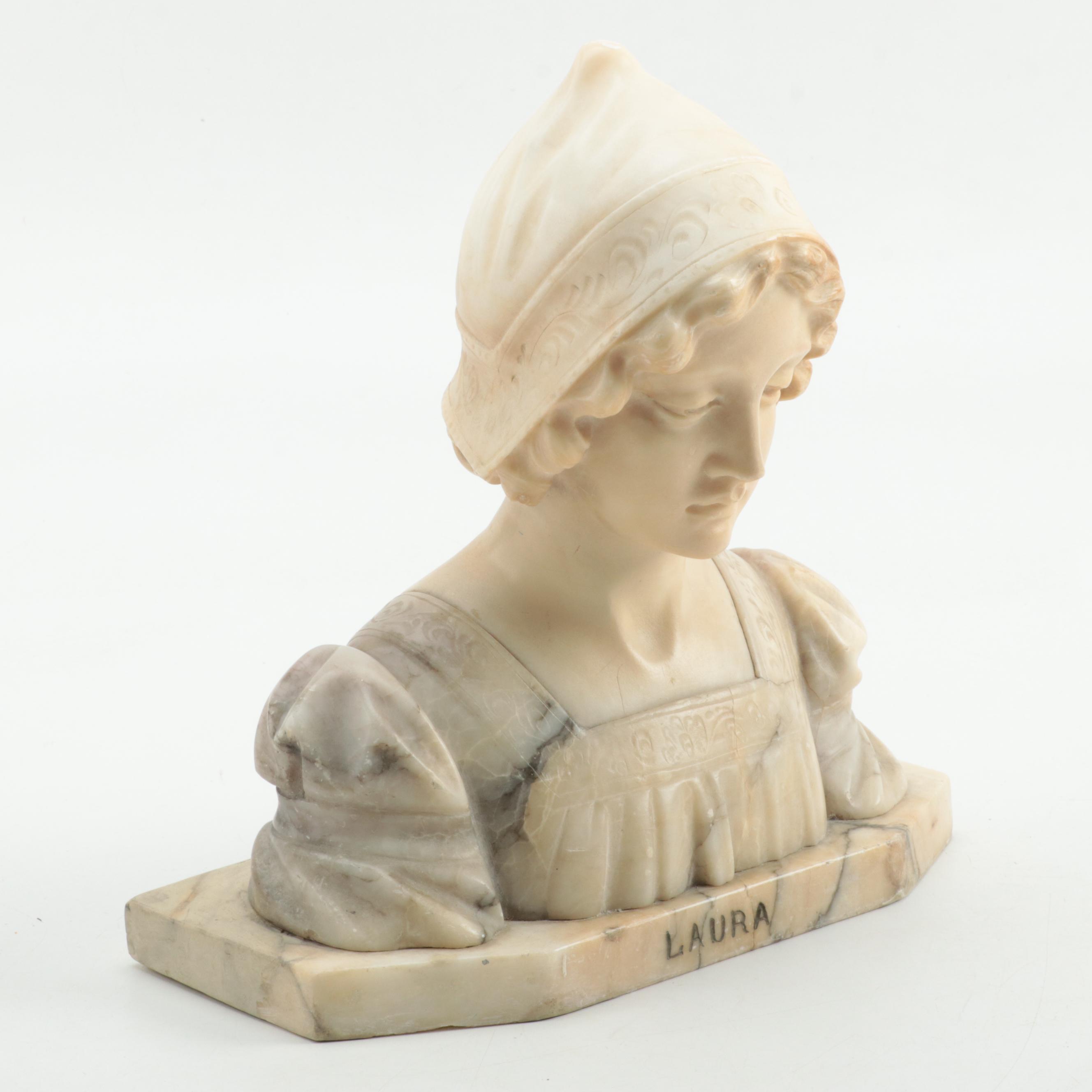 Florentine Carved Alabaster Bust "Laura", Early 20th Century
