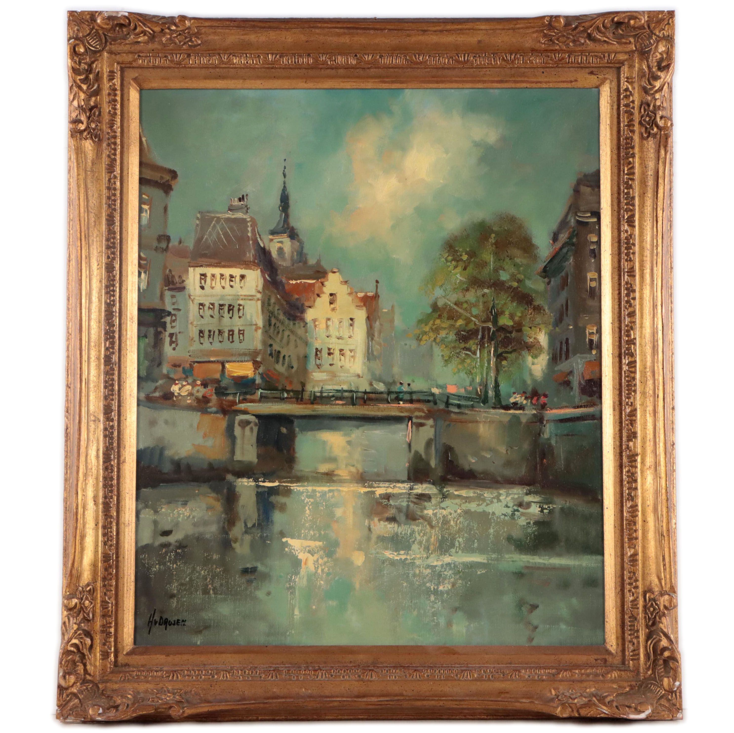 H. Drosen European Village Oil Painting, Late 20th Century