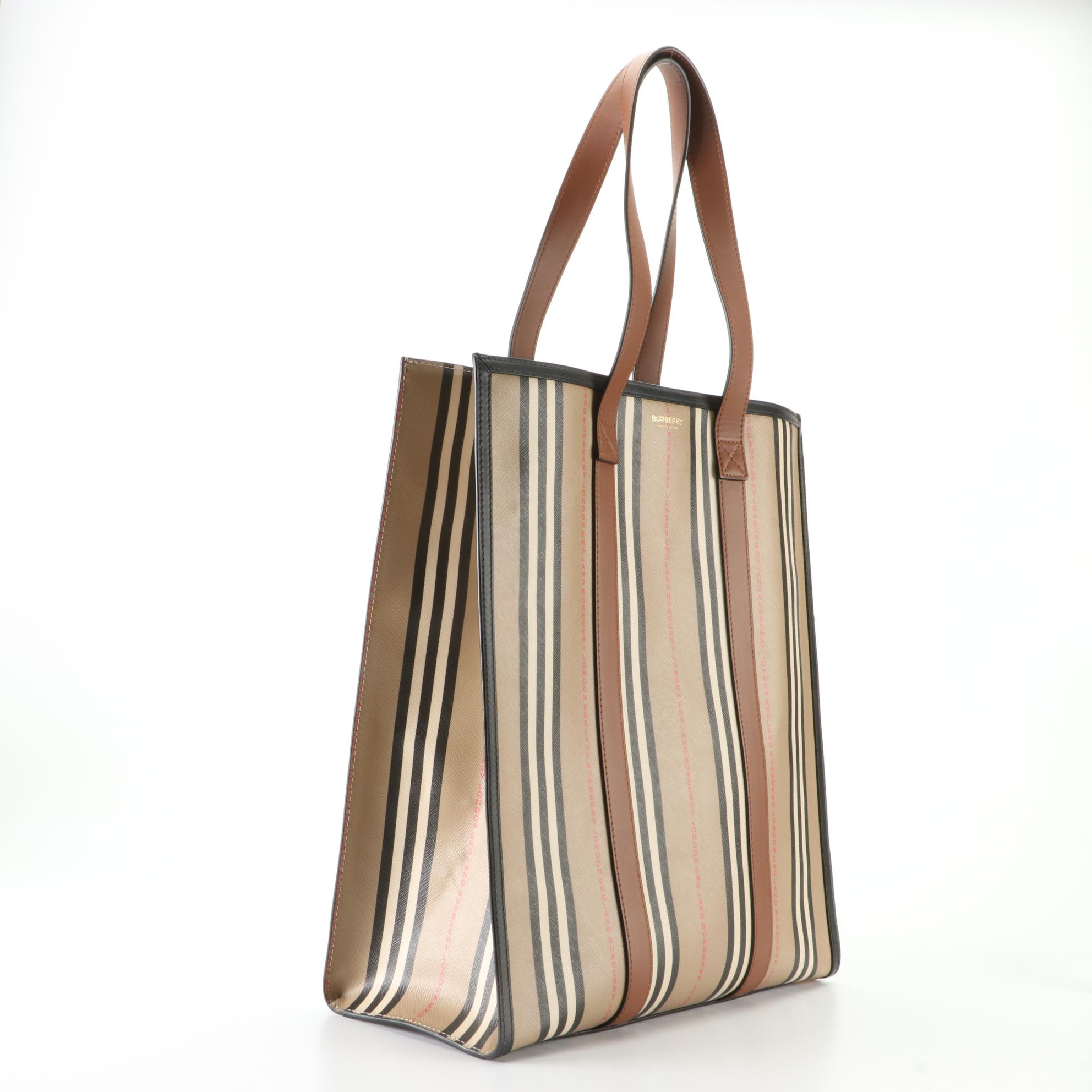 Burberry Portrait Tote in Icon Stripe E-Canvas and Leather