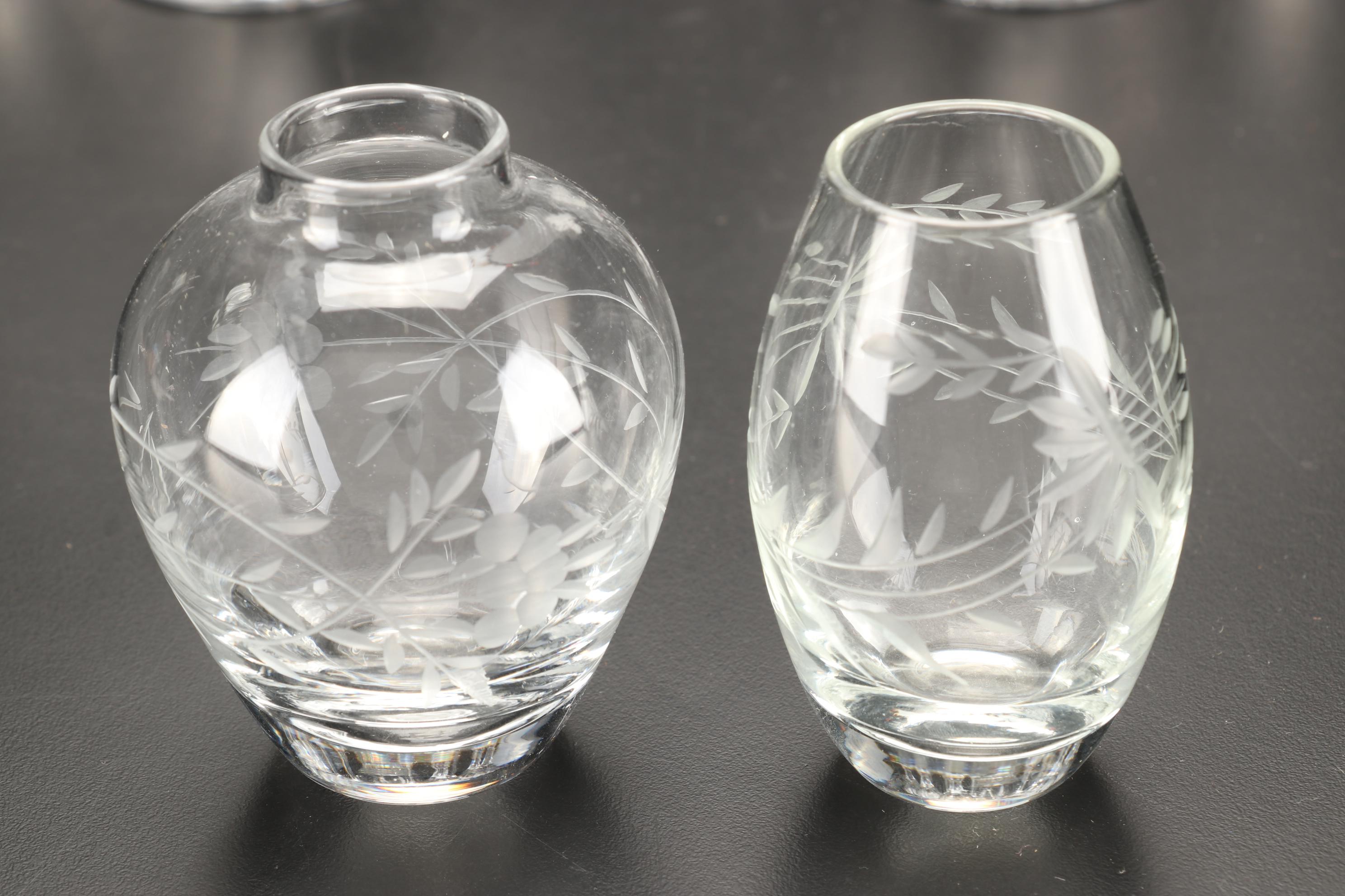 Etched Glass Pitcher, Martini Glasses, Aperitif Stemware and More, Mid-20th C.