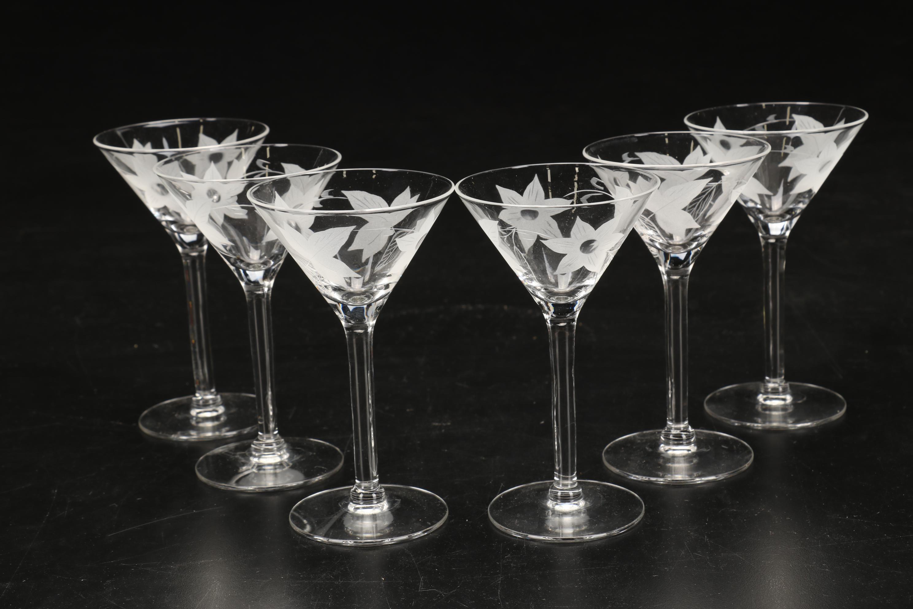 Etched Glass Pitcher, Martini Glasses, Aperitif Stemware and More, Mid-20th C.