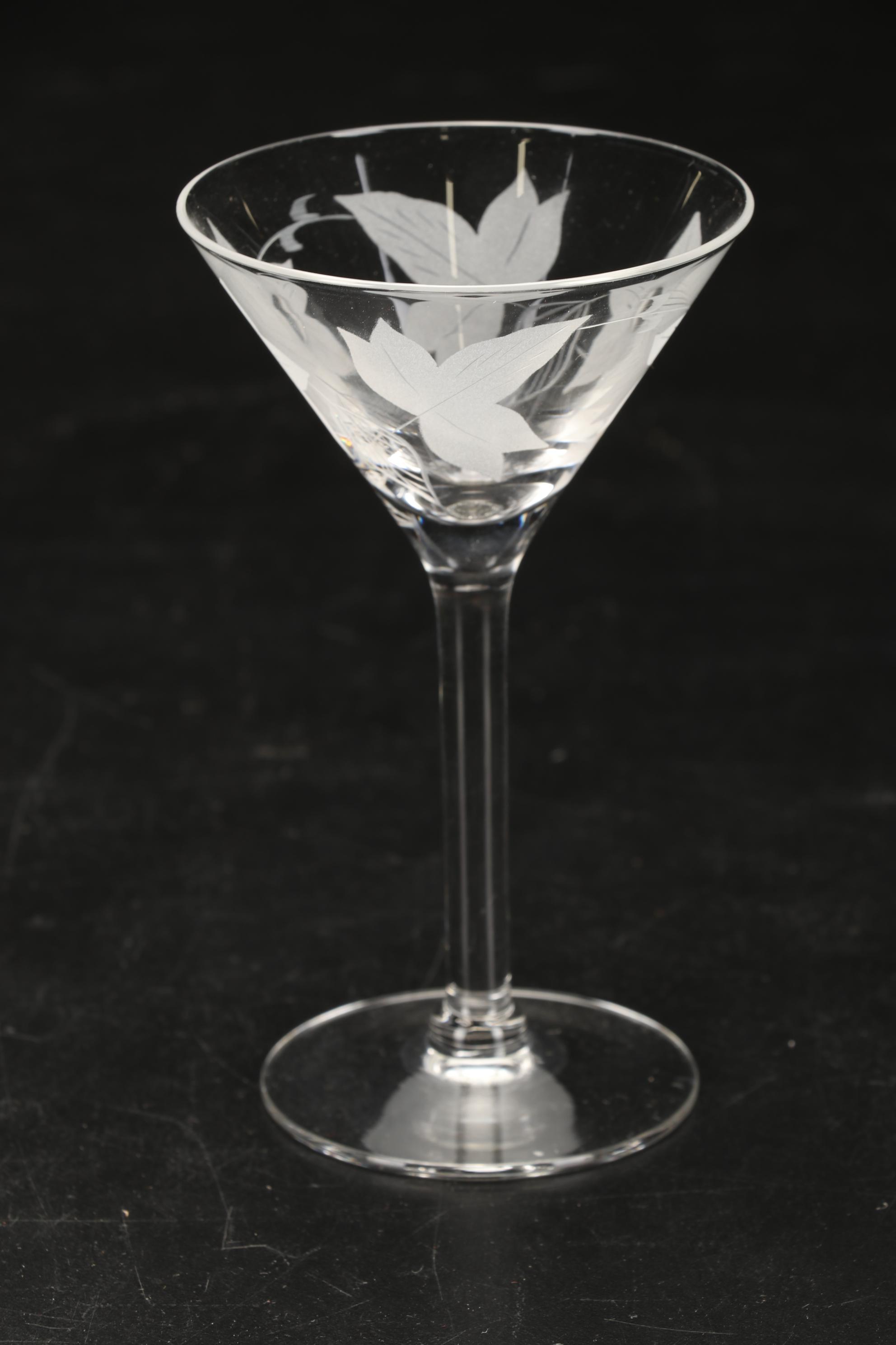 Etched Glass Pitcher, Martini Glasses, Aperitif Stemware and More, Mid-20th C.