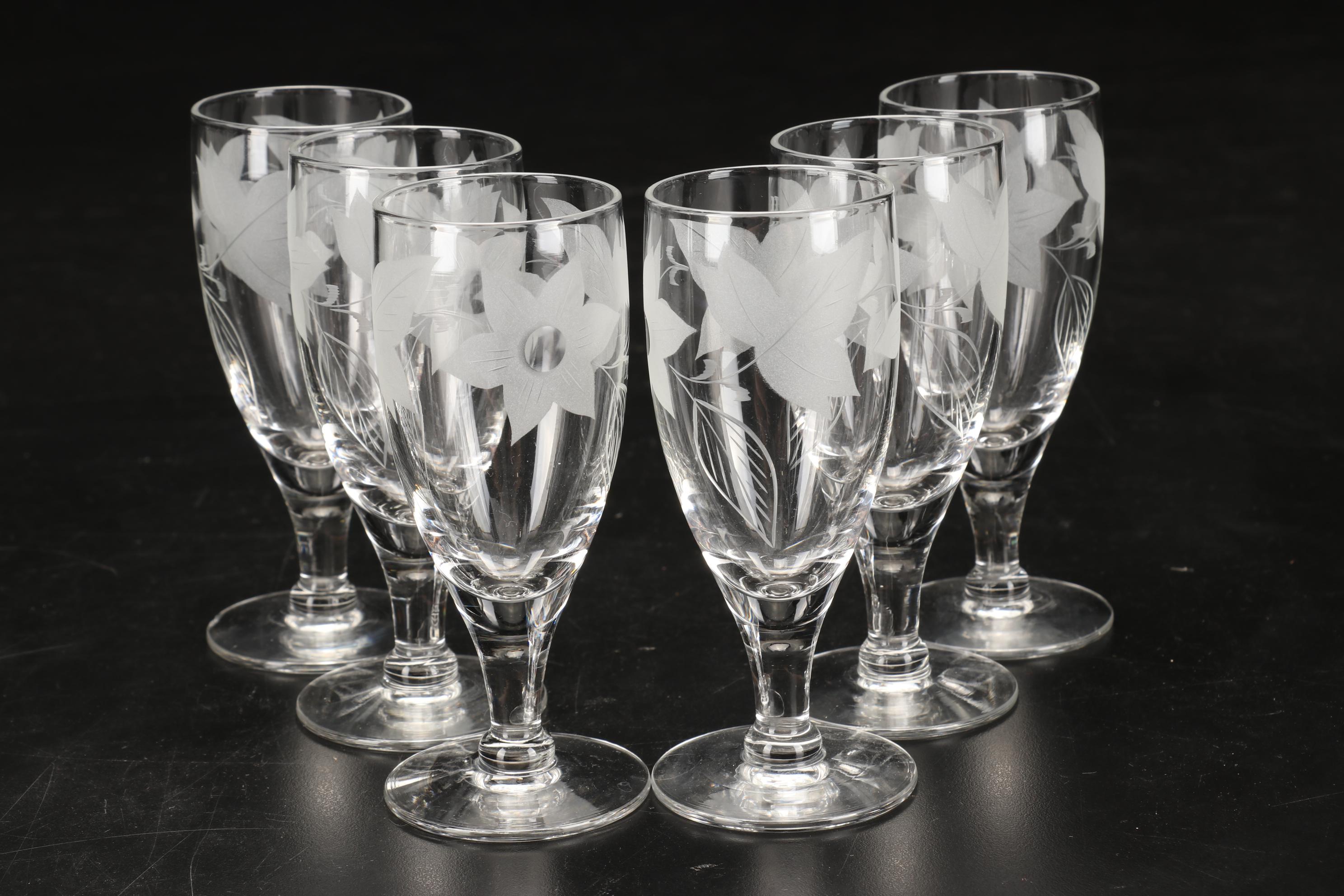 Etched Glass Pitcher, Martini Glasses, Aperitif Stemware and More, Mid-20th C.