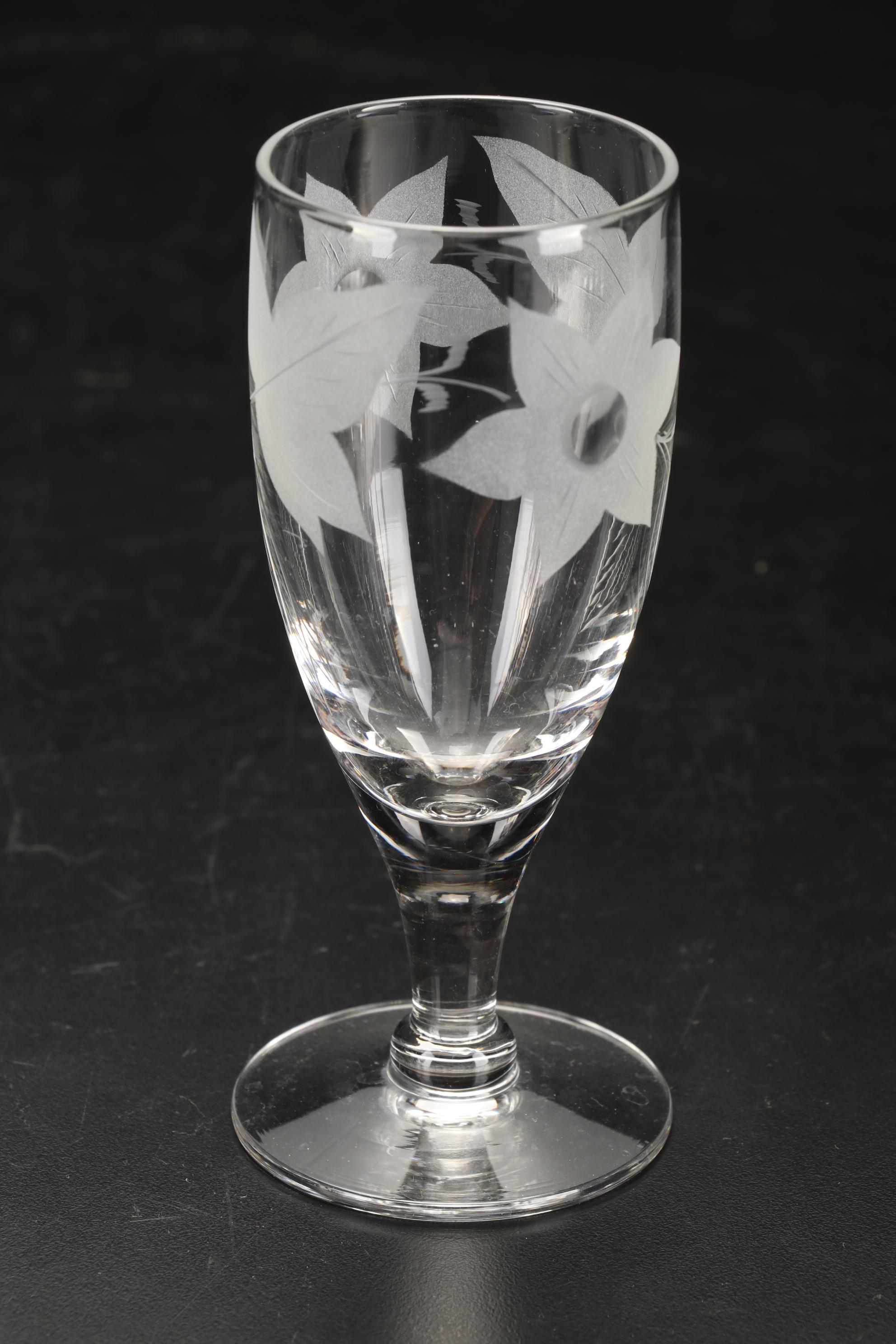 Etched Glass Pitcher, Martini Glasses, Aperitif Stemware and More, Mid-20th C.
