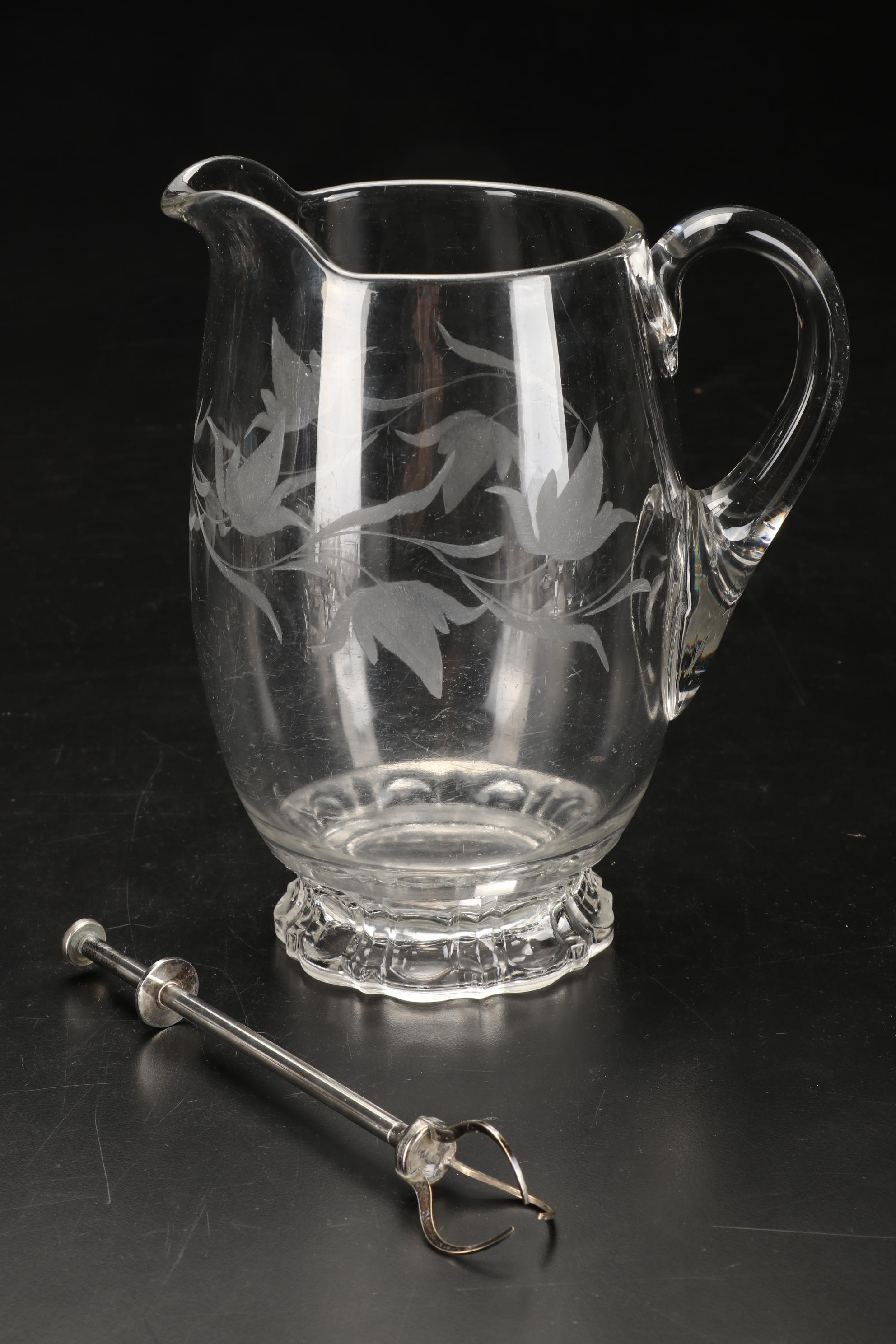 Etched Glass Pitcher, Martini Glasses, Aperitif Stemware and More, Mid-20th C.