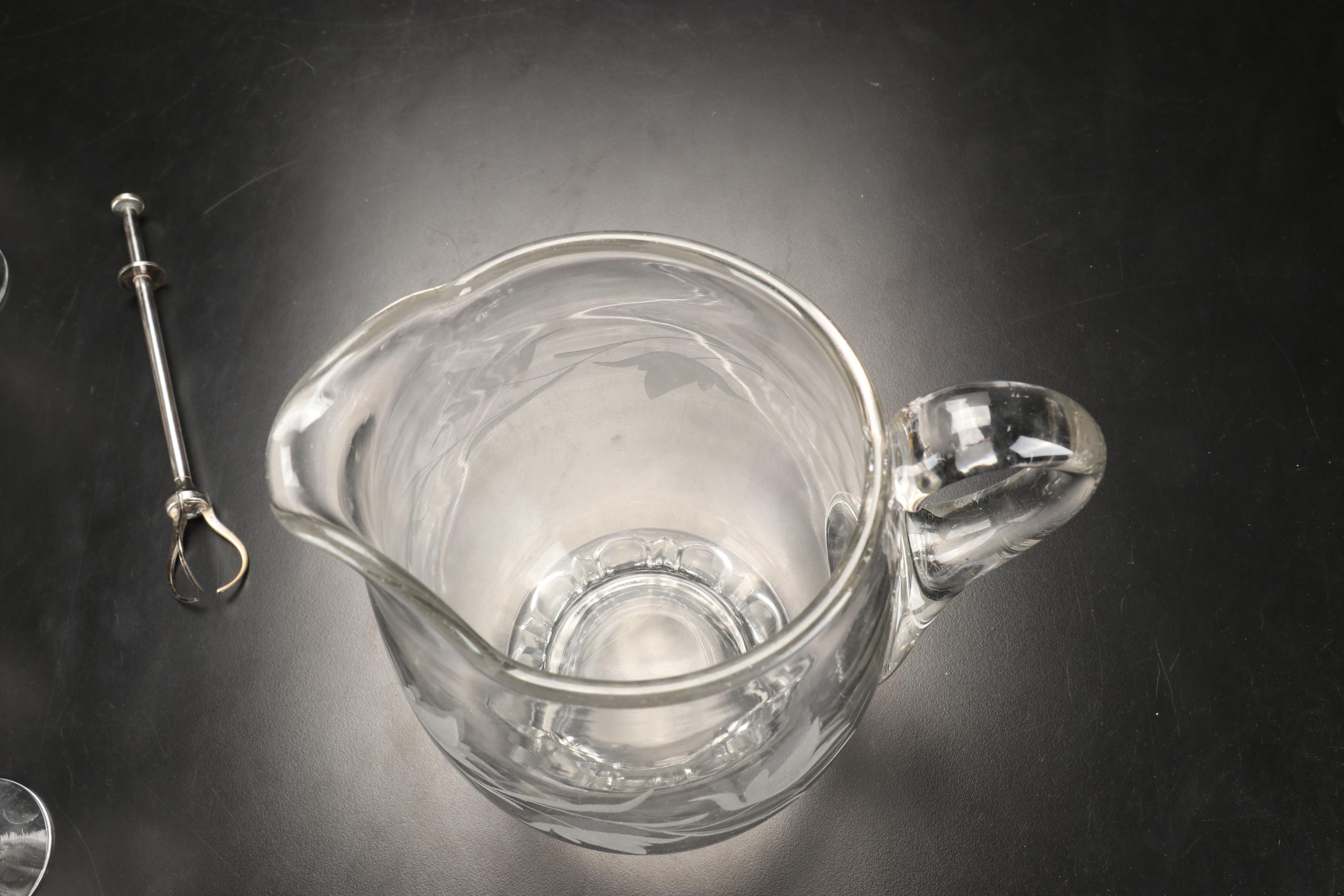 Etched Glass Pitcher, Martini Glasses, Aperitif Stemware and More, Mid-20th C.