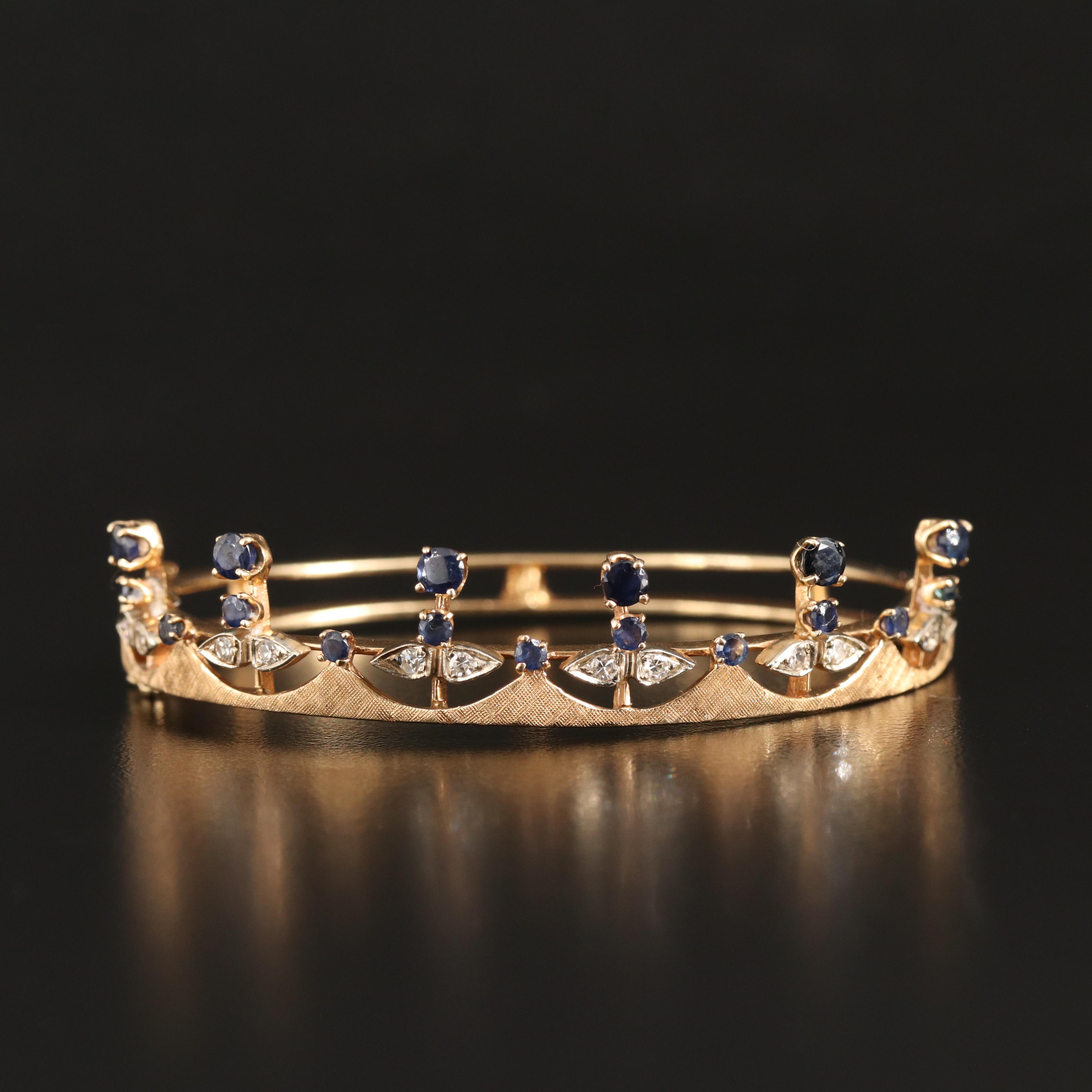 14K Sapphire and Diamond Hinged Crown Bangle with Florentine Finish