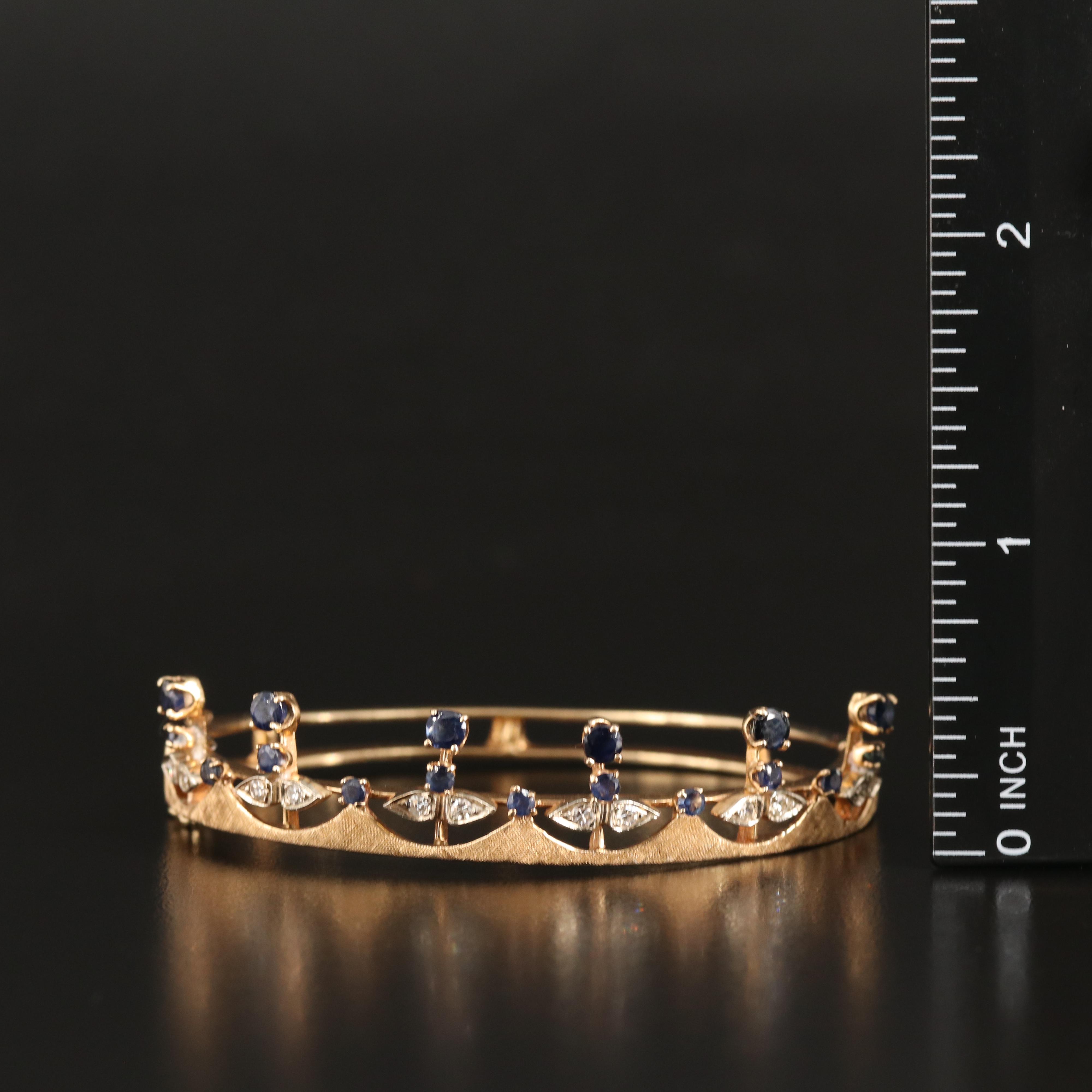 14K Sapphire and Diamond Hinged Crown Bangle with Florentine Finish
