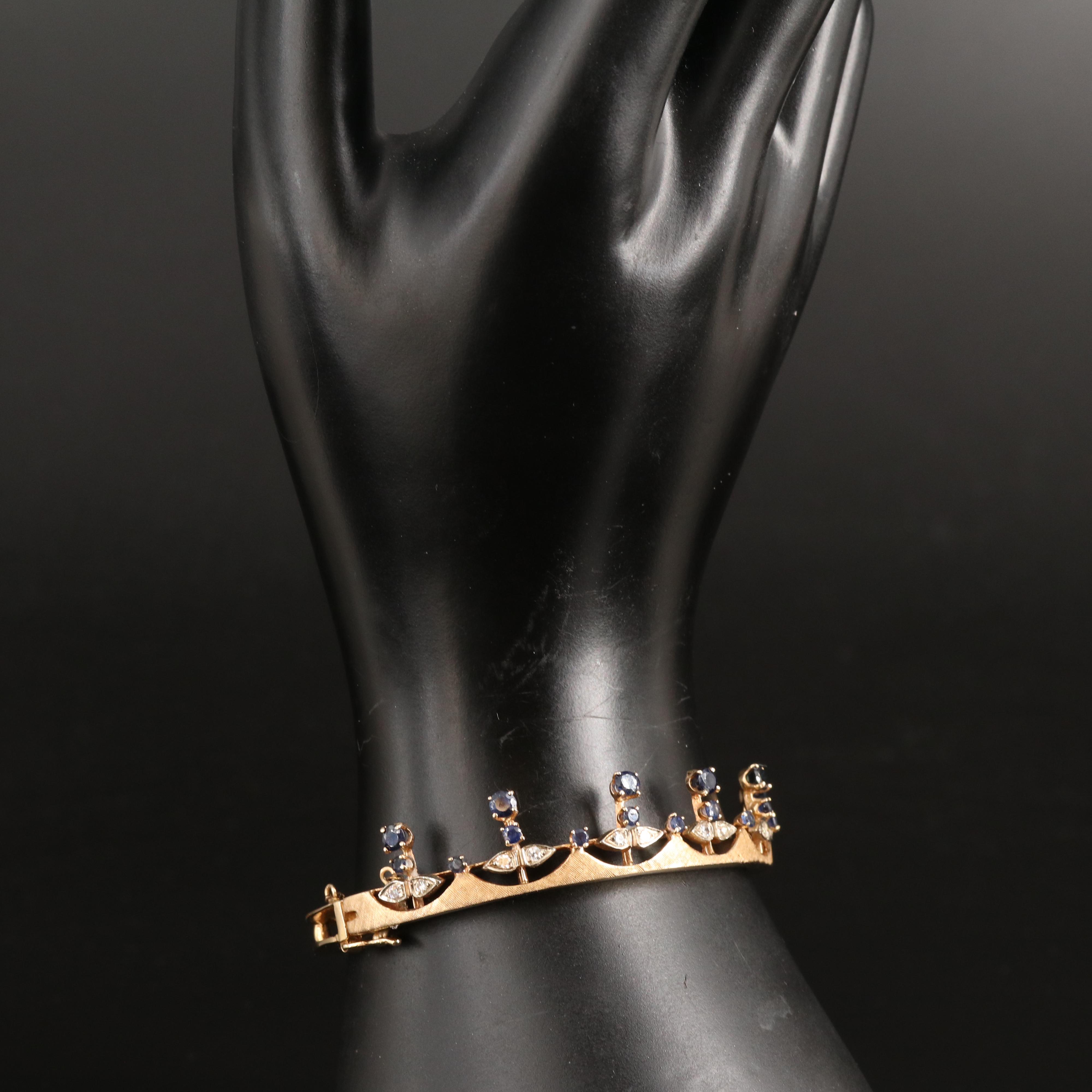 14K Sapphire and Diamond Hinged Crown Bangle with Florentine Finish