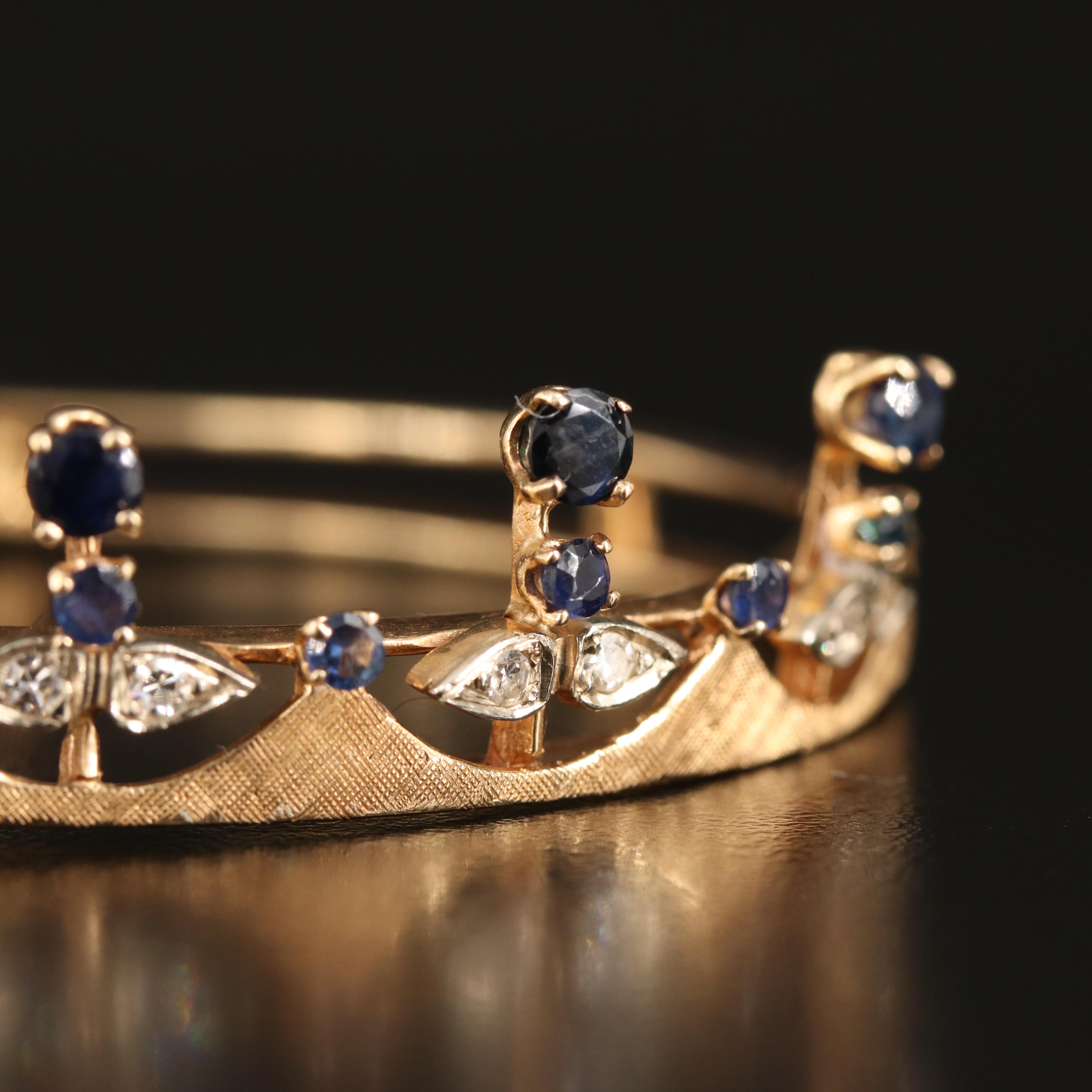 14K Sapphire and Diamond Hinged Crown Bangle with Florentine Finish