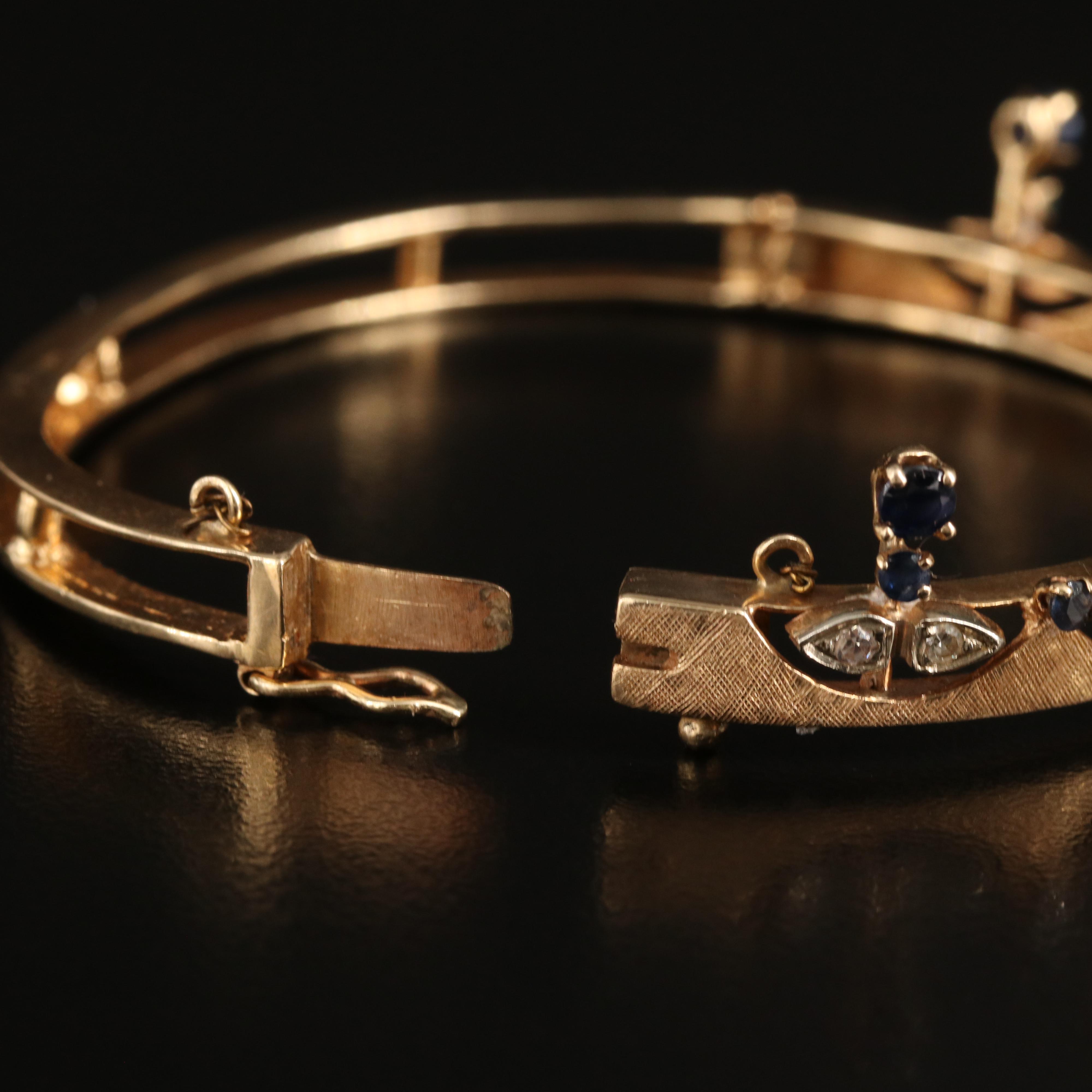 14K Sapphire and Diamond Hinged Crown Bangle with Florentine Finish