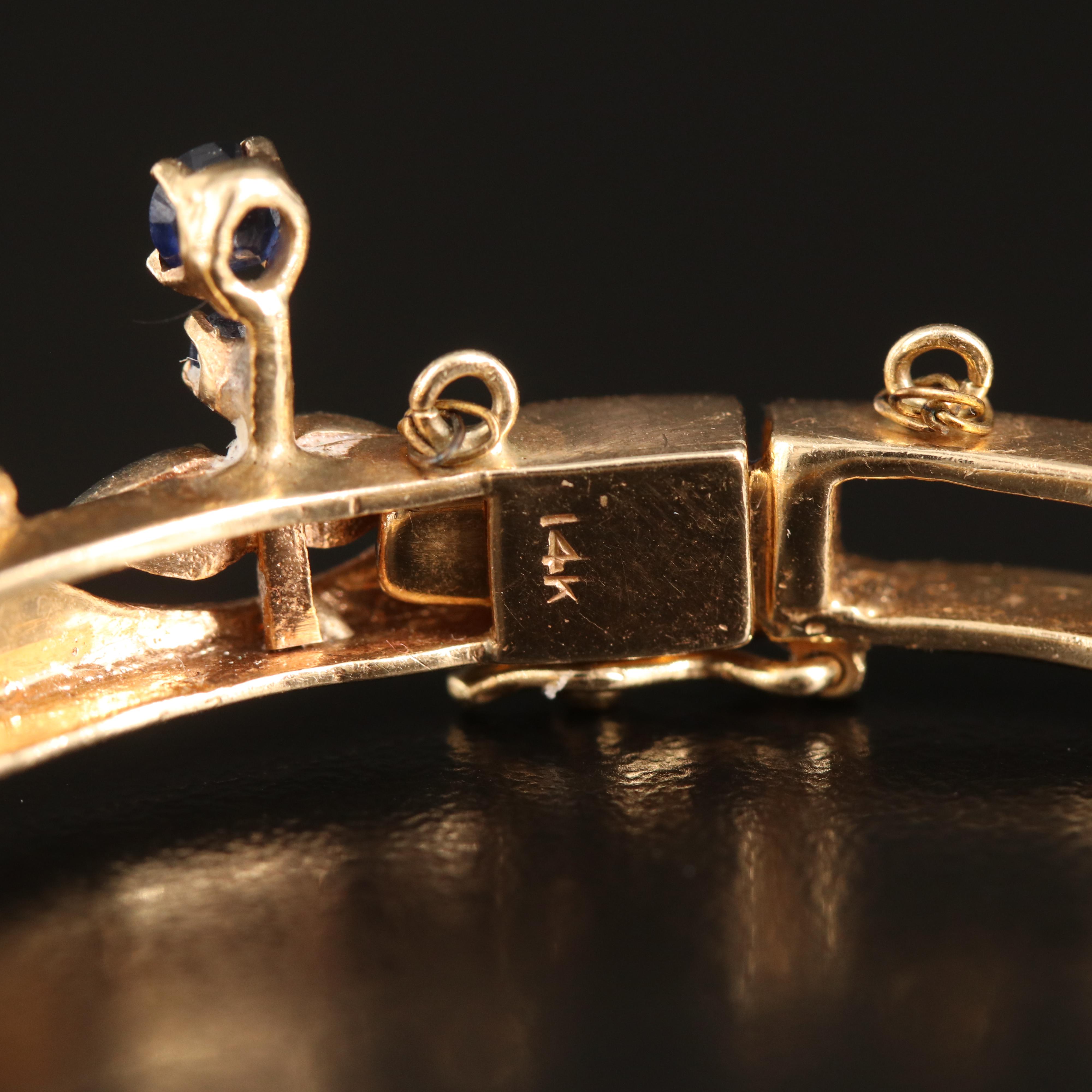 14K Sapphire and Diamond Hinged Crown Bangle with Florentine Finish