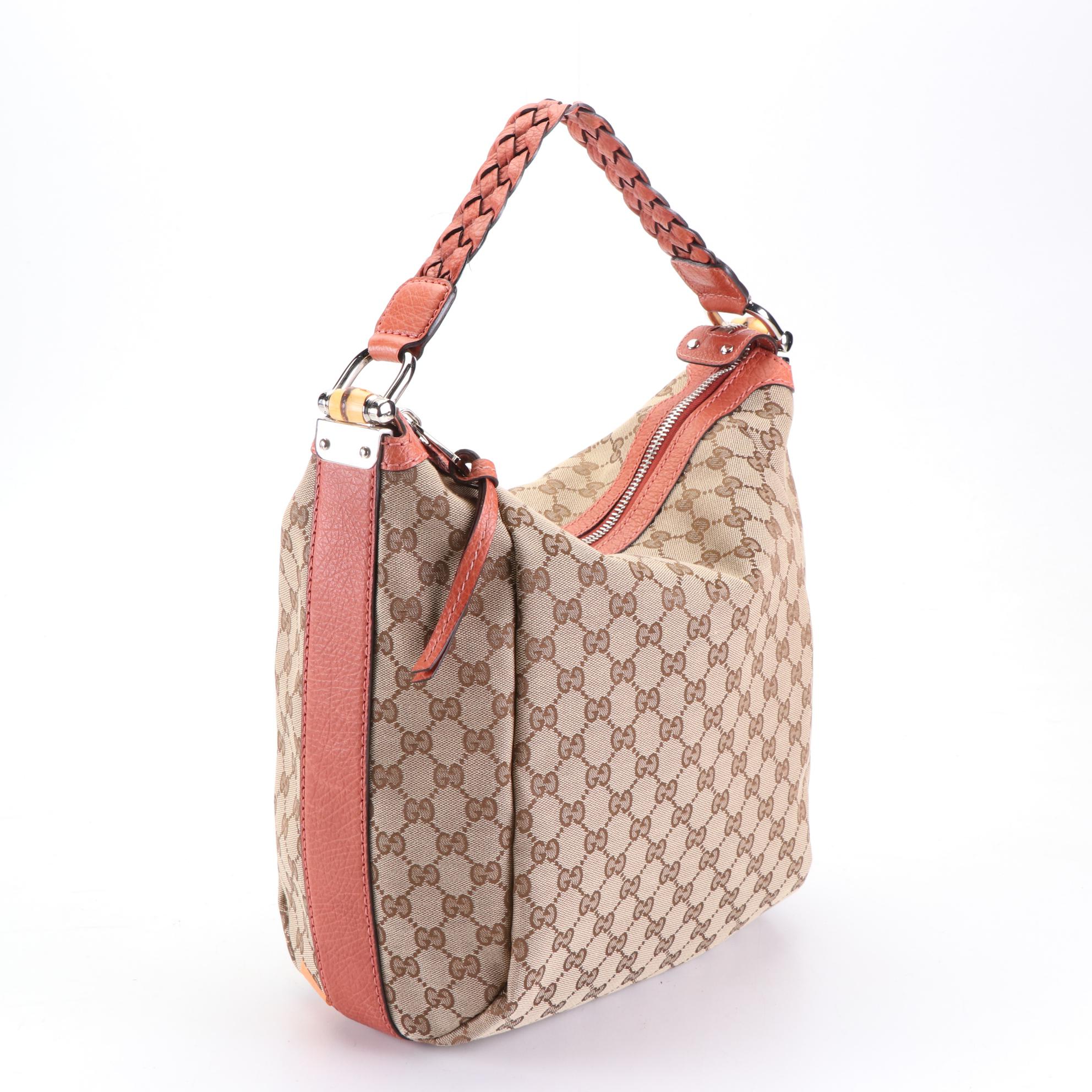 Gucci Bamboo Bar Medium Hobo Bag in GG Canvas with Grain Leather Trim