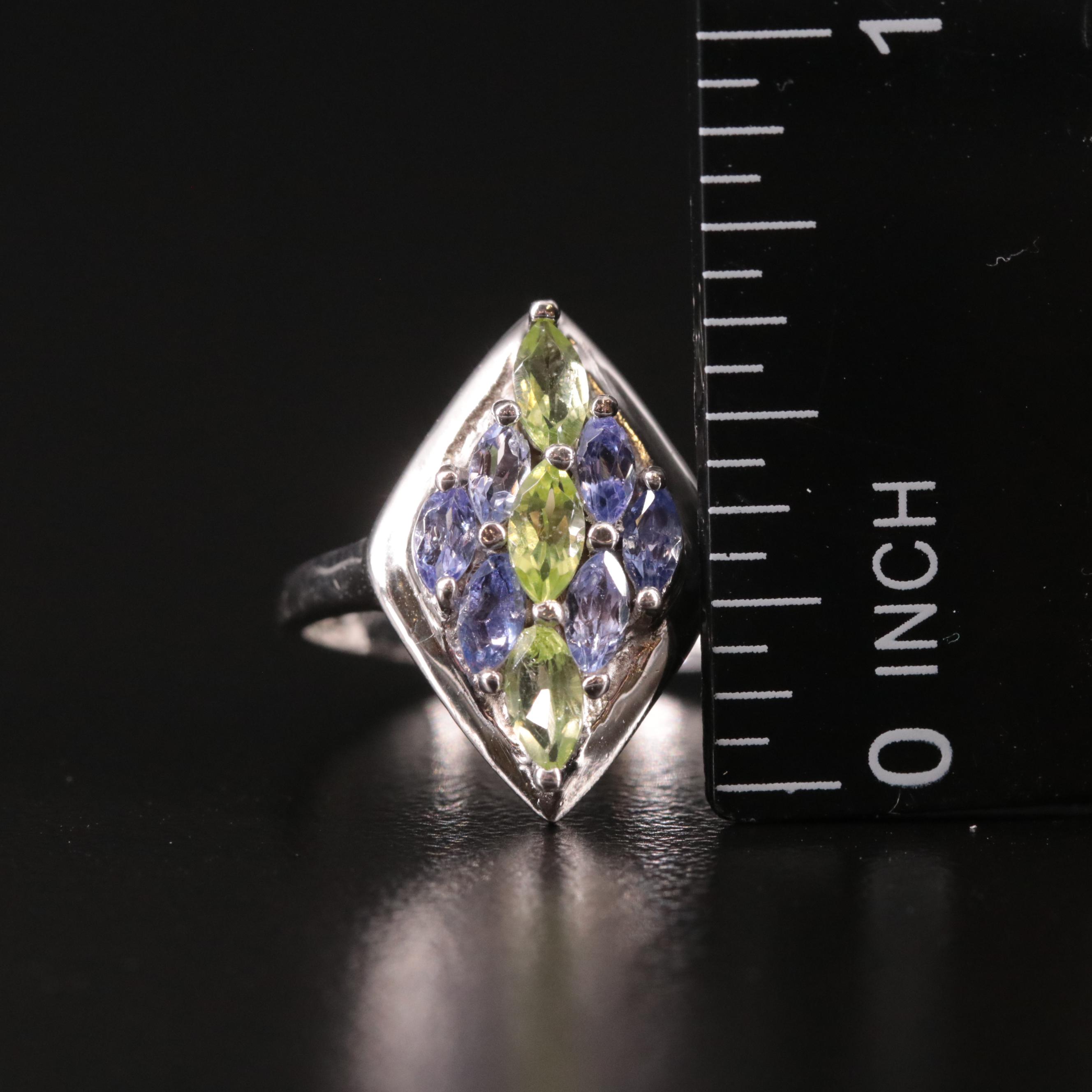 Sterling Peridot and Tanzanite Cluster Ring