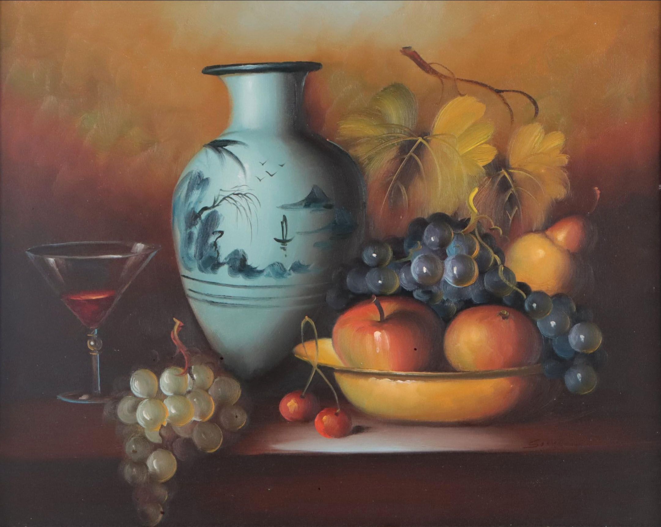 Still Life Oil Painting of Fruit and Porcelain Vase