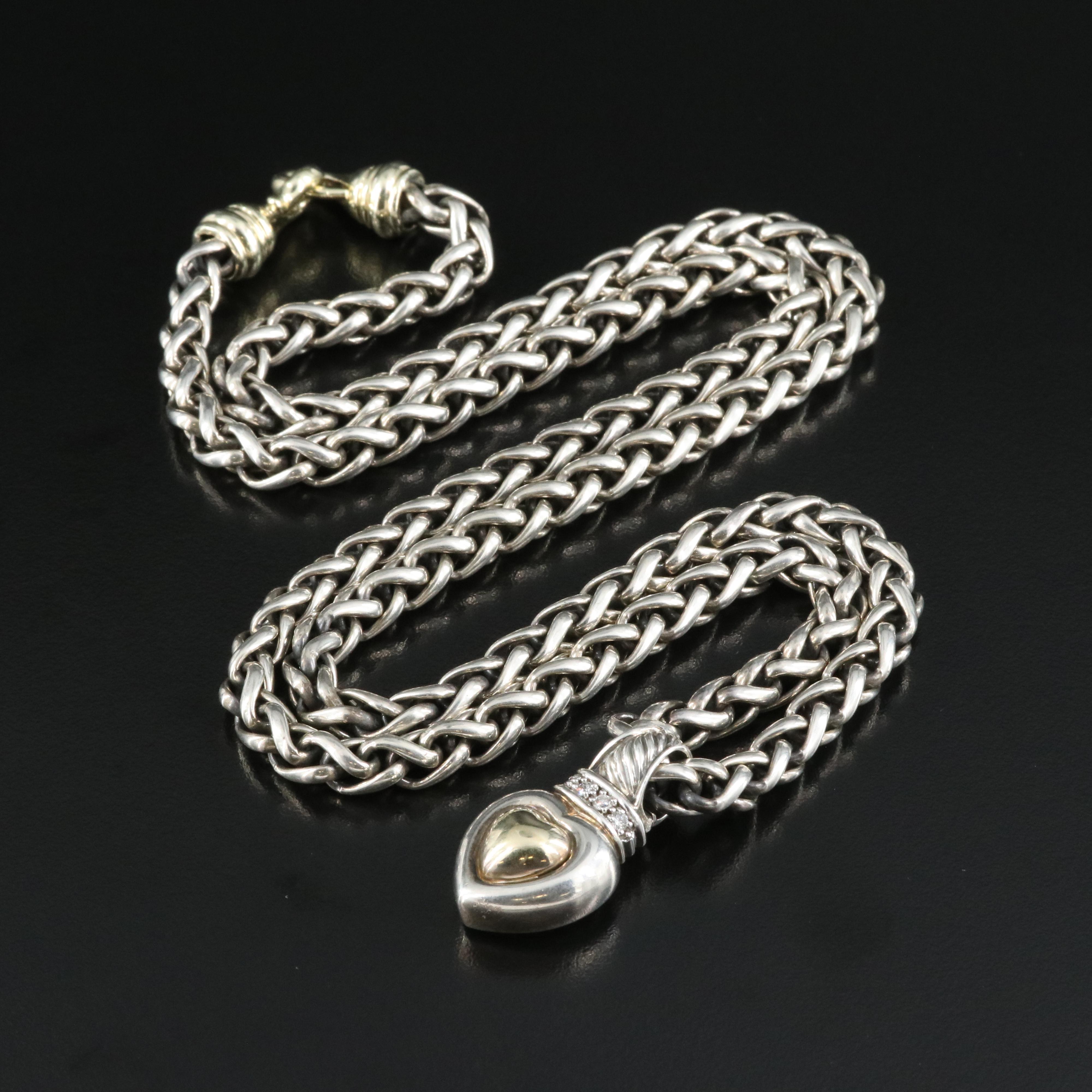 David Yurman Sterling Diamond Pendant with 18K Accents on Chain with 14K Accents