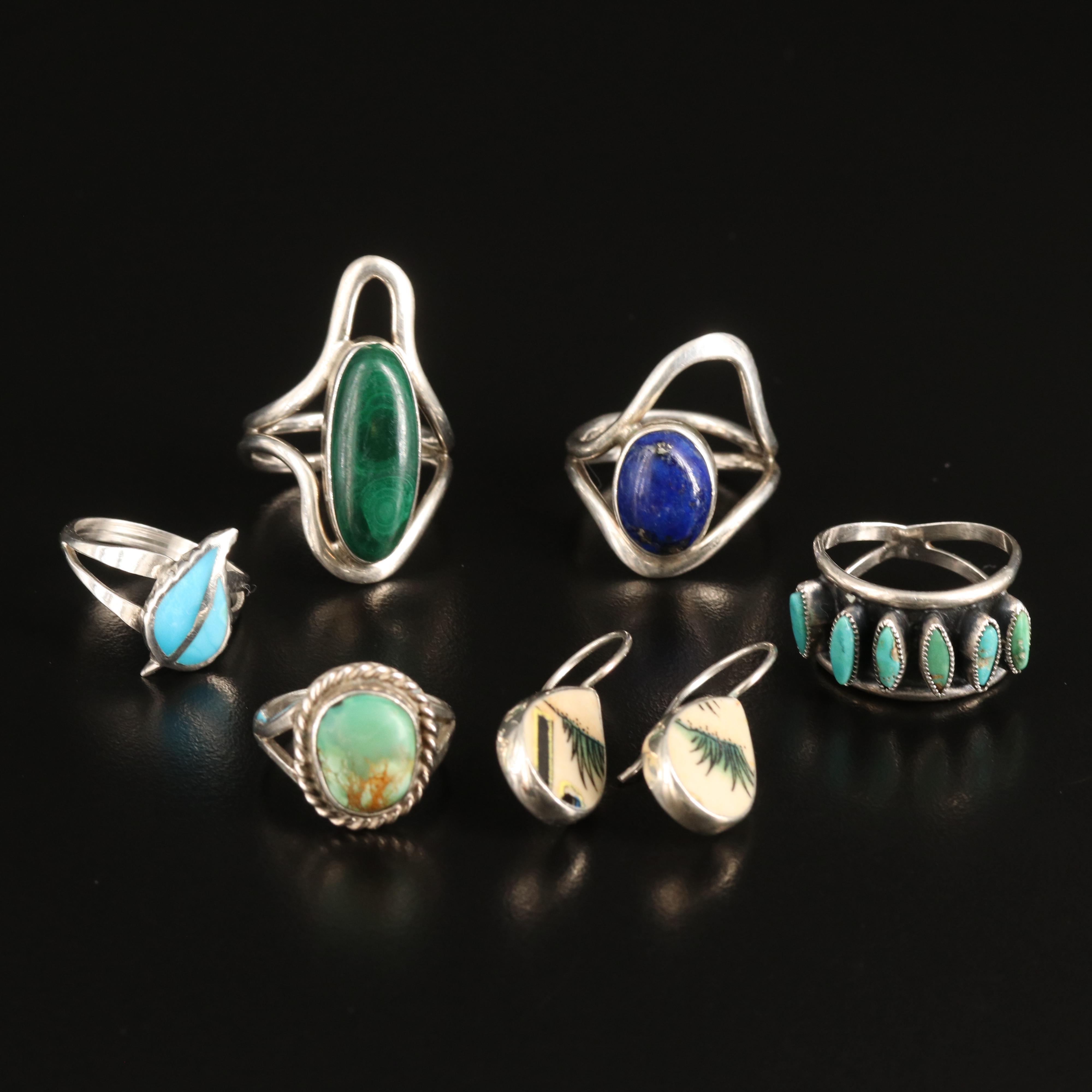 Artisan Signed Earrings Included in Ring Grouping with Turquoise